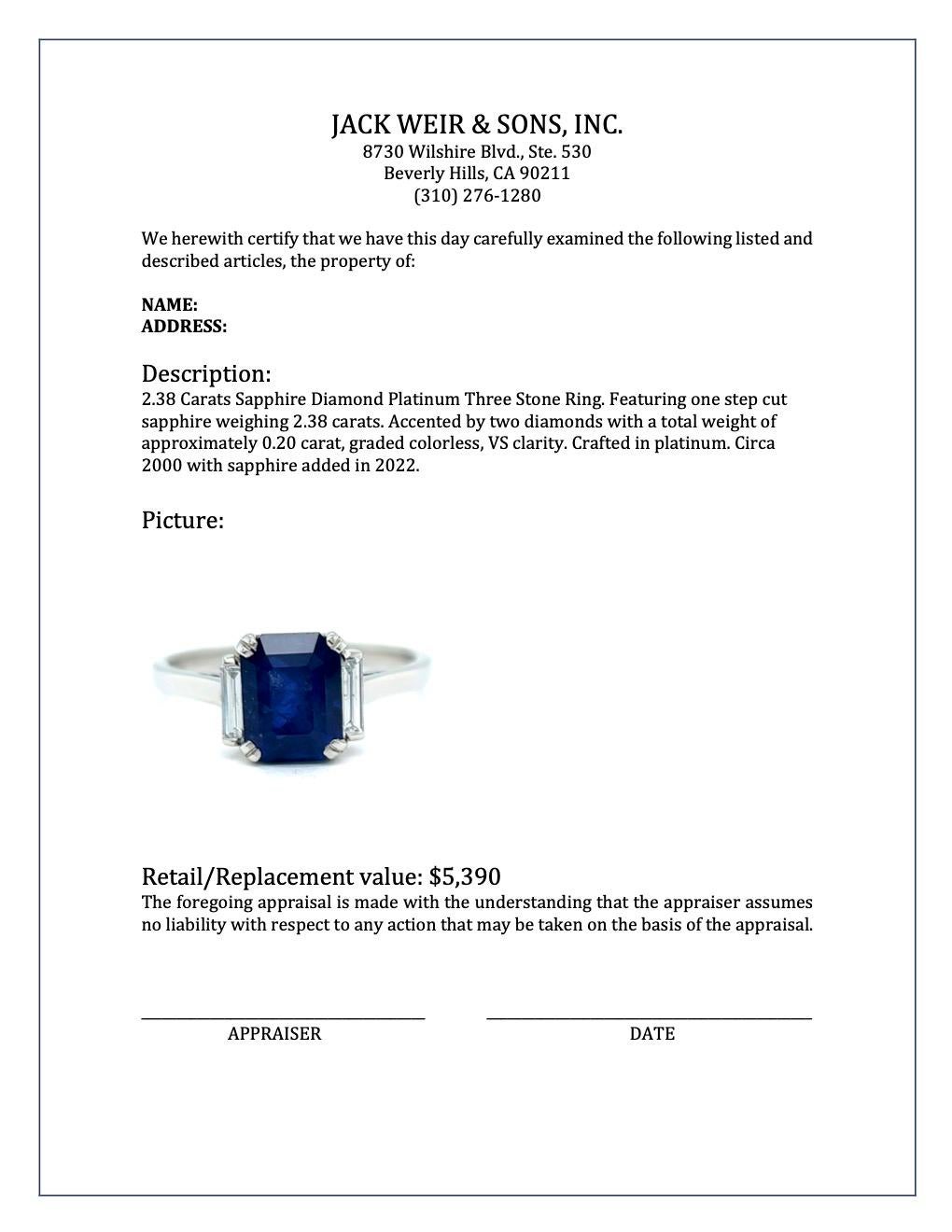 2.38 Carats Sapphire Diamond Platinum Three Stone Ring 2