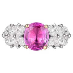 2.38 Ct Pink Sapphire and Marquise Diamonds Ring 18k White Gold Lab Certificate