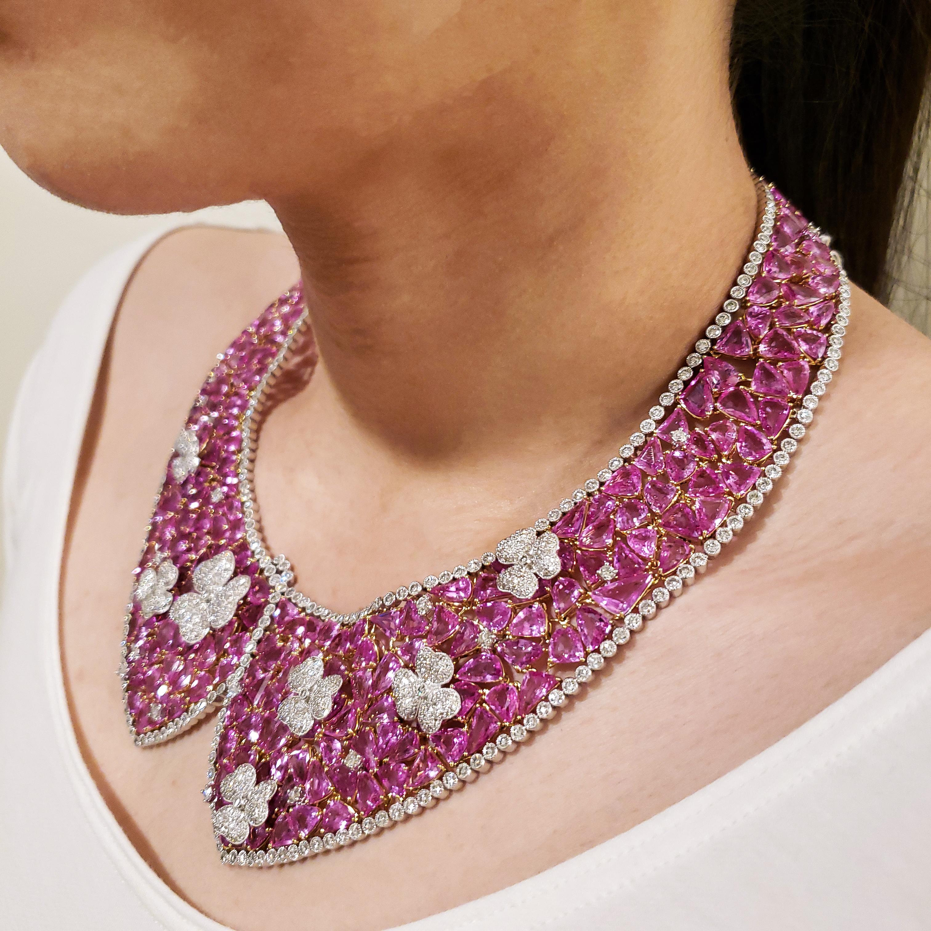 Modern 238.27 Carat Mixed Cut Pink Sapphire and Diamond Collar Necklace For Sale