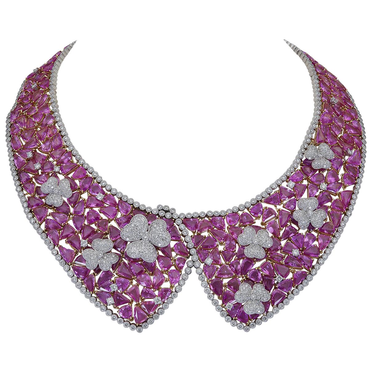 Halskette mit 238.27 Karat rosa Saphir im Mischschliff und Diamanten im Mischschliff