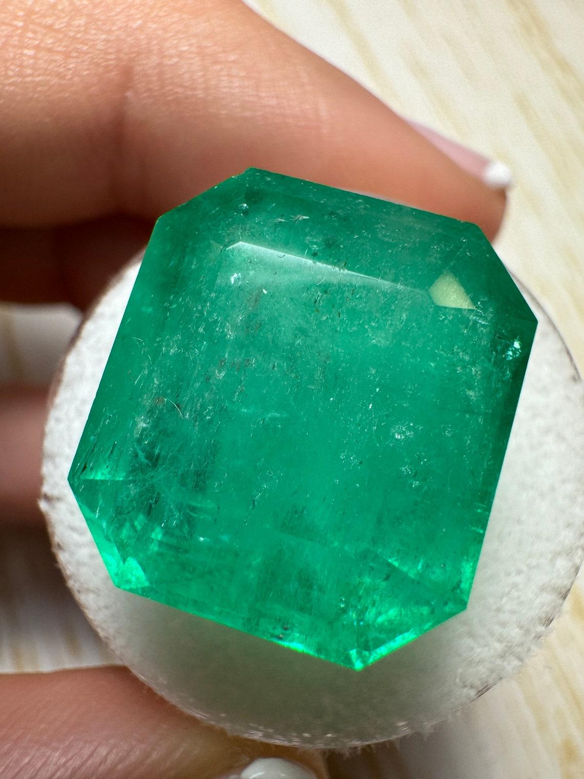 Stone: Emerald
Weight: 23.85-carats
Shape: Emerald Cut
Clarity: Semi-Transparent
Luster: Very Good-Good
Color: Green
Measurements: 17.20mm x 15.61mm x 12.40mm
Geographic Origin: Colombia
Treatment: Natural, Oiling

Comments: Due to their growth