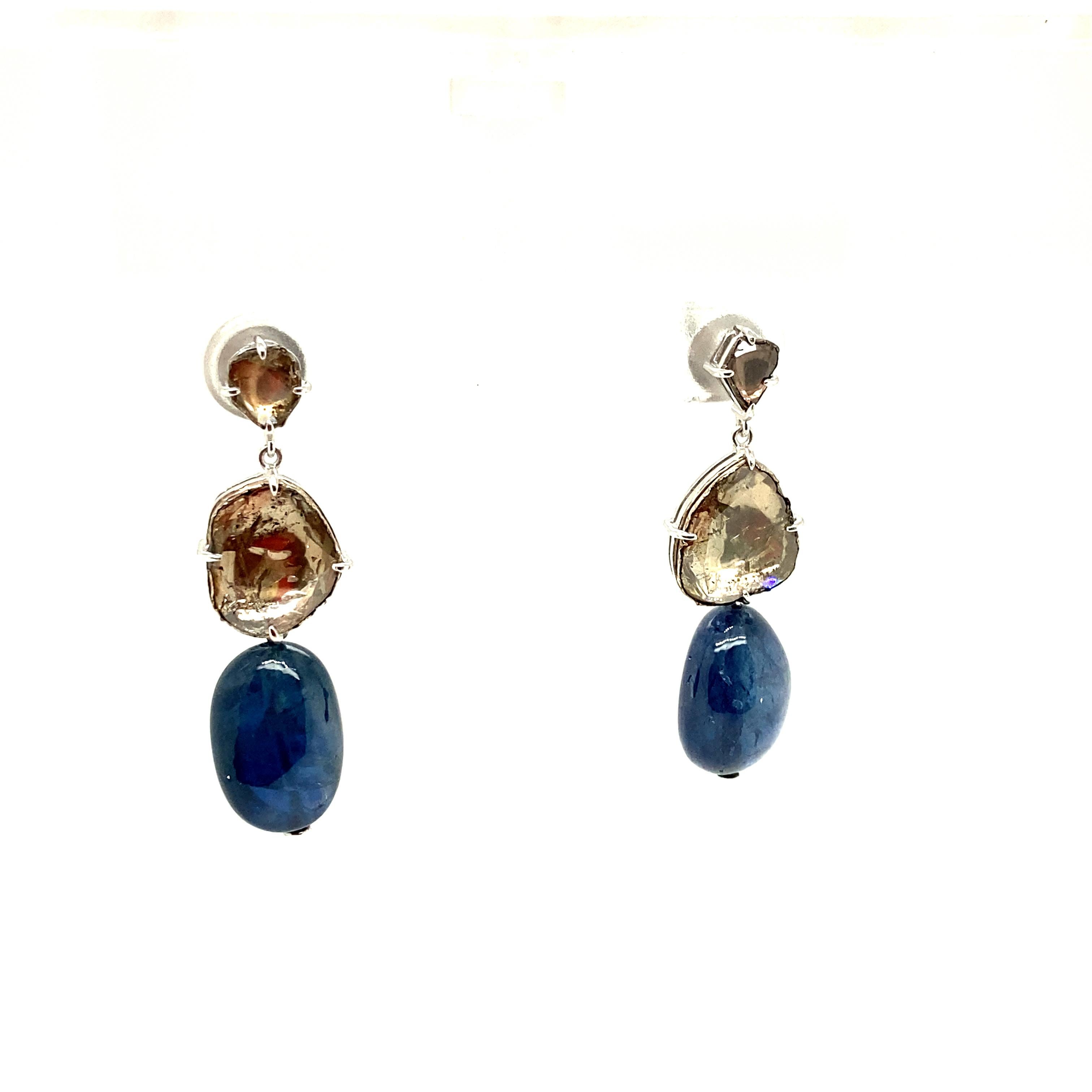 Modern 23.88 Carat Burma No Heat Sapphire Drops and Rose Cut Diamond Gold Earrings For Sale