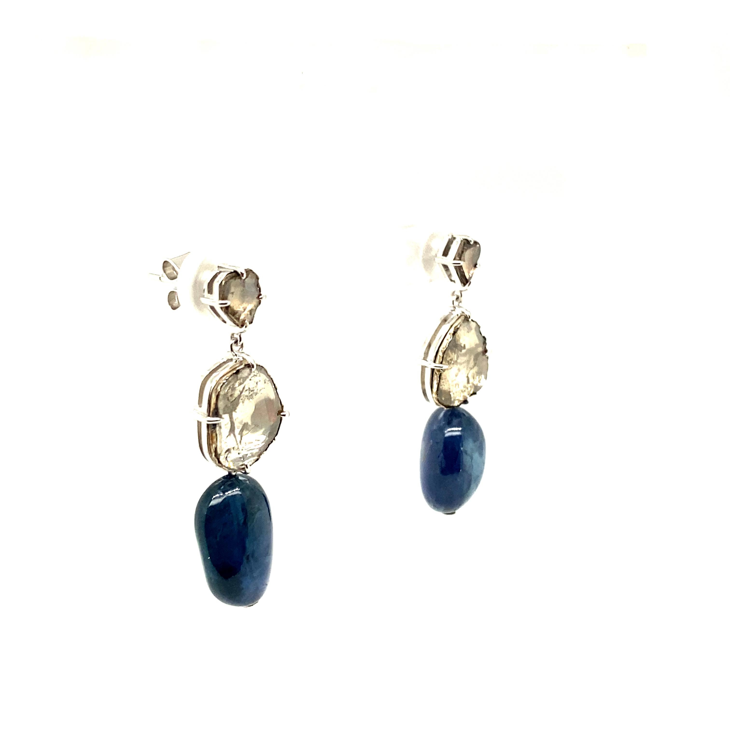 Bead 23.88 Carat Burma No Heat Sapphire Drops and Rose Cut Diamond Gold Earrings For Sale