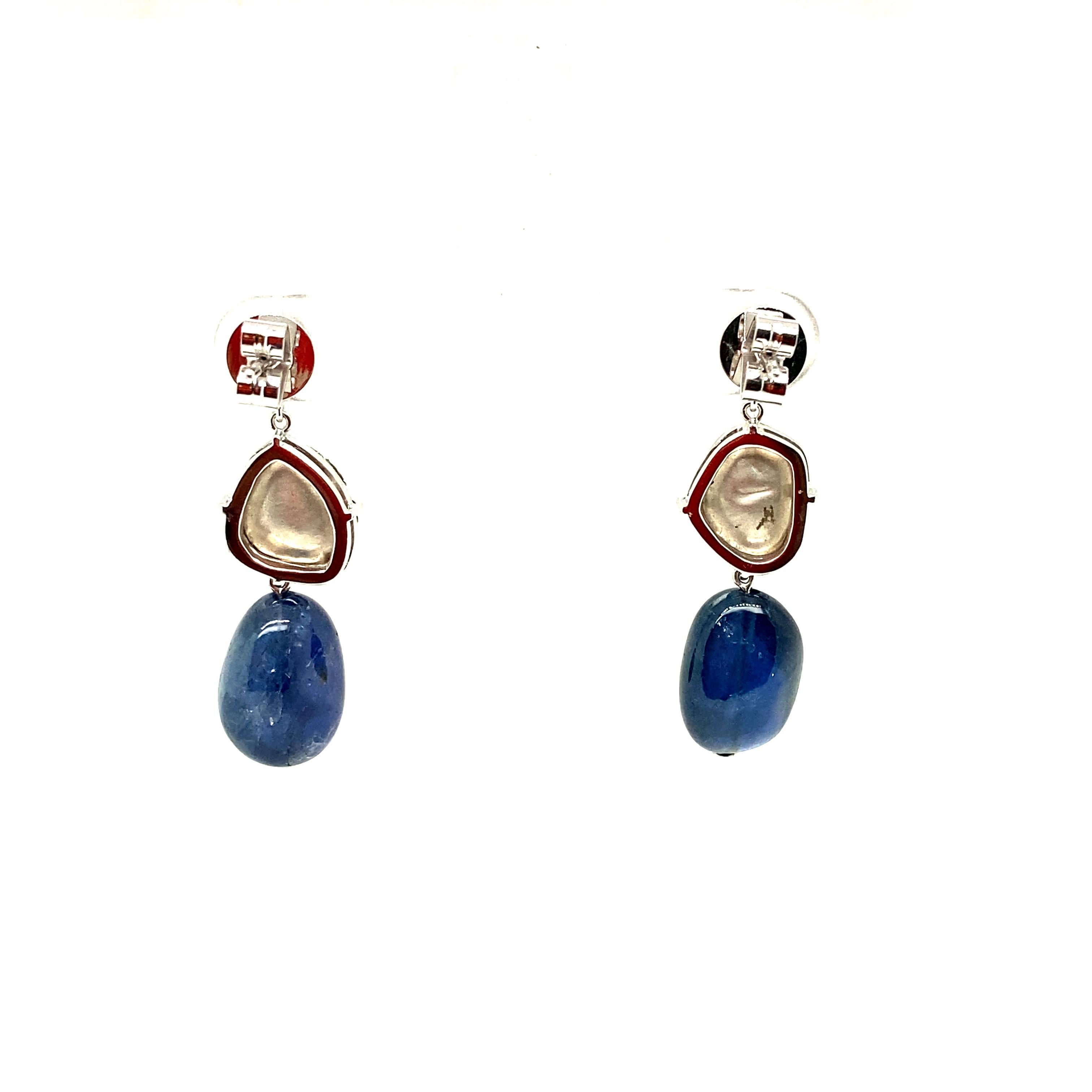 23.88 Carat Burma No Heat Sapphire Drops and Rose Cut Diamond Gold Earrings For Sale 2