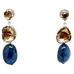 Antique 23.88 Carat Burma No Heat Sapphire Drops and Rose Cut Diamond Gold Earrings