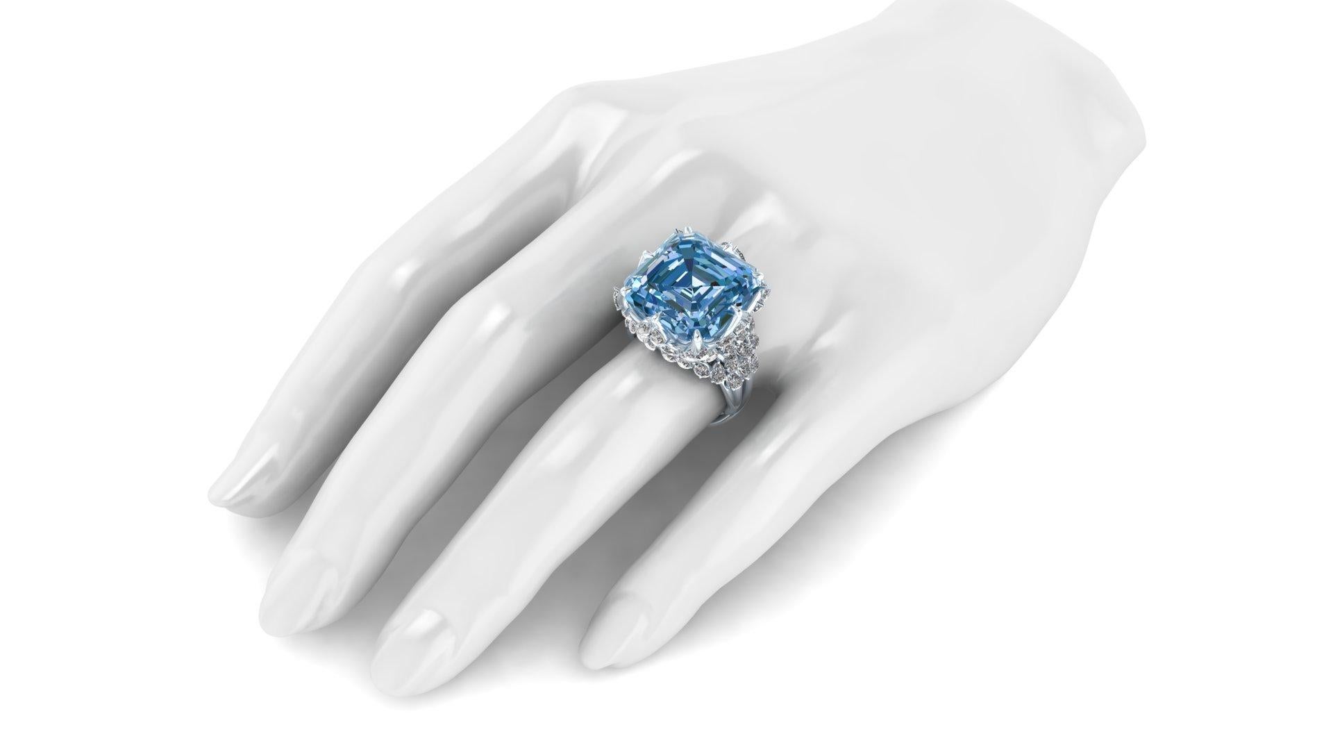 Art Nouveau FERRUCCI 23.88 Carat Intense Blue Aquamarine in 18k White Gold Diamond Ring For Sale