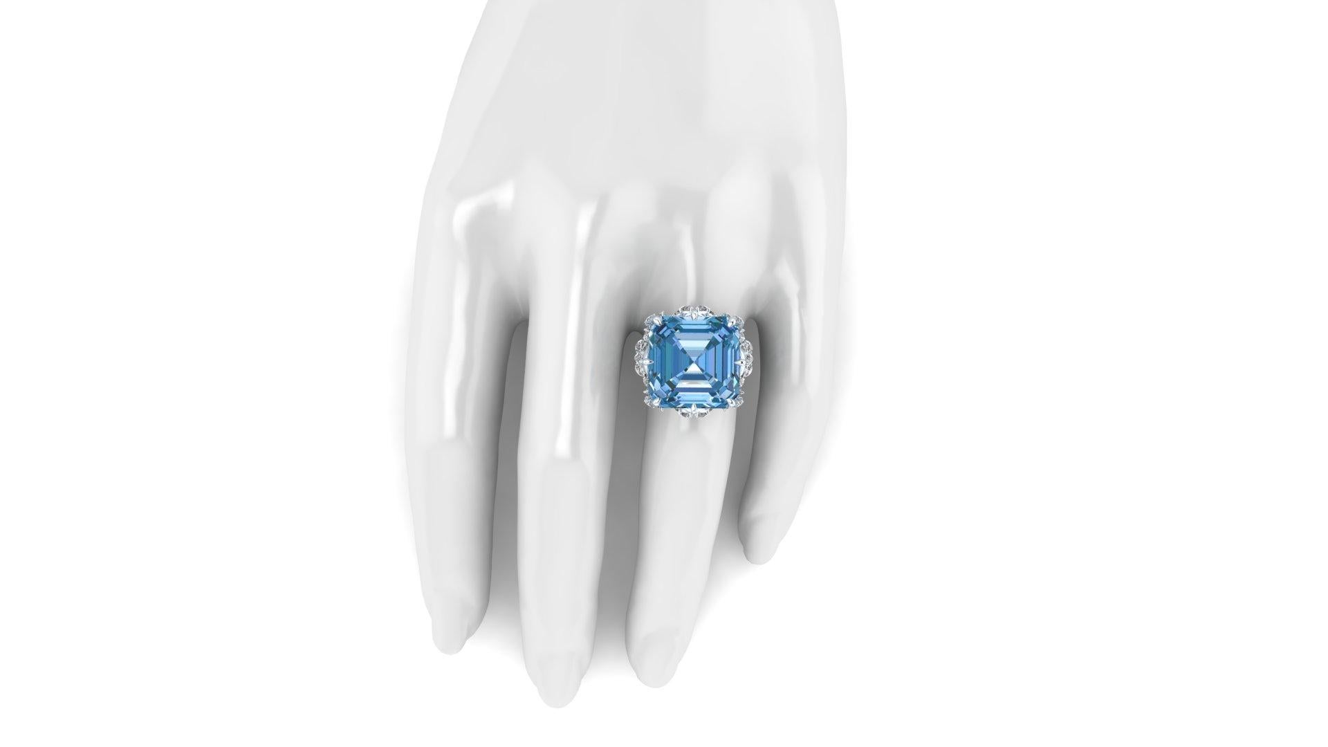 Asscher Cut FERRUCCI 23.88 Carat Intense Blue Aquamarine in 18k White Gold Diamond Ring For Sale