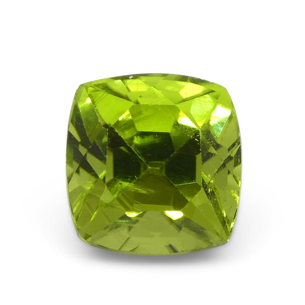 Description:

Gem Type: Peridot
Number of Stones: 1
Weight: 2.38 cts
Measurements: 7.18 x 6.96 x 6.36 mm
Shape: Cushion
Cutting Style Crown: Brilliant
Cutting Style Pavilion: Brilliant
Transparency: Transparent
Clarity: Very Slightly Included: Eye