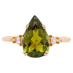 2.38cts Green Tourmaline Ring with Natural Diamonds: 14k Solid Gold, Pear 12x8mm
