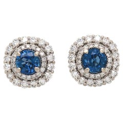 2.38ctw Sapphire and Diamond Double Halo Studs in 14K White Gold W/Cert