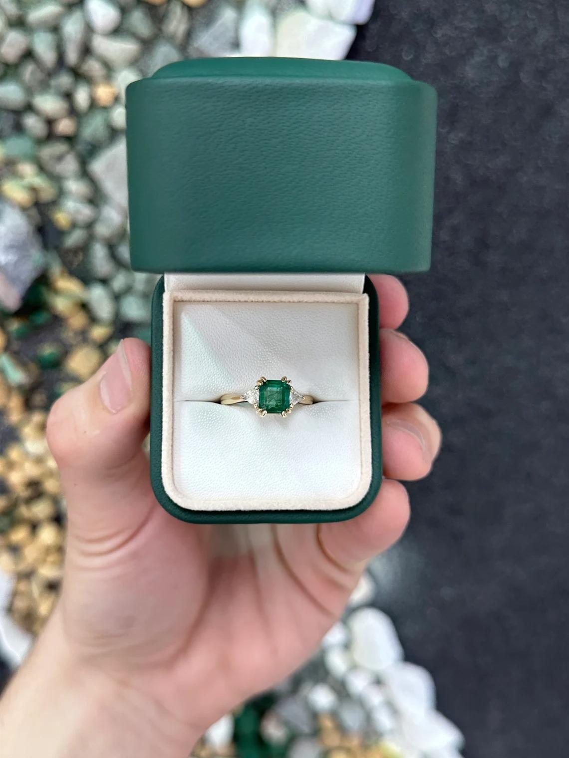 2.38tcw 14K Dark Green Asscher Cut Emerald & Trillion Cut Diamond 3 Stone Ring In New Condition For Sale In Jupiter, FL