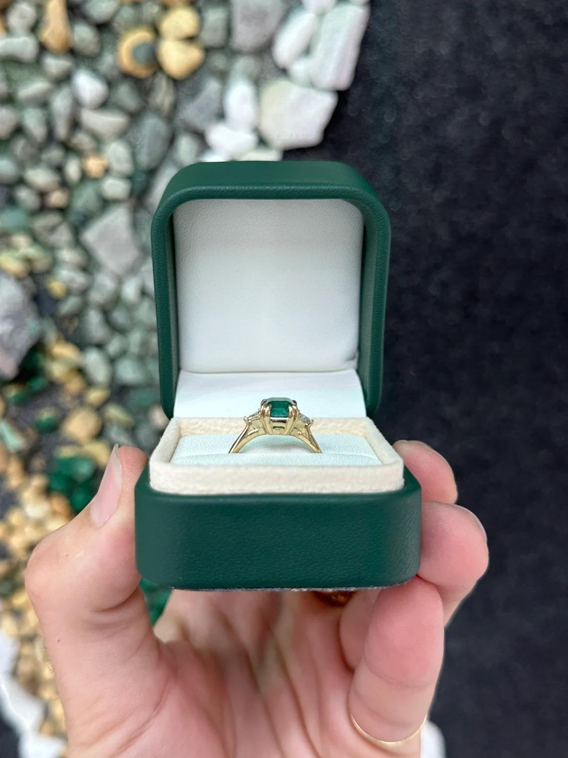 2.38tcw 14K Dark Green Asscher Cut Emerald & Trillion Cut Diamond 3 Stone Ring For Sale 1
