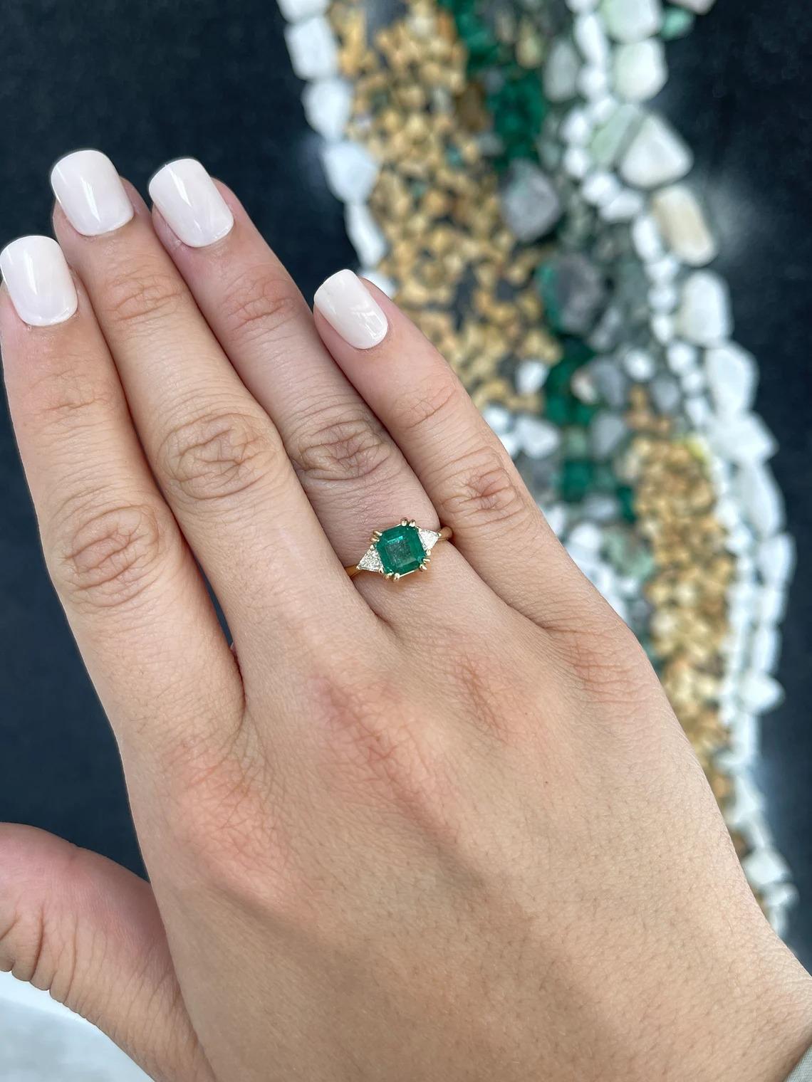 2.38tcw 14K Dark Green Asscher Cut Emerald & Trillion Cut Diamond 3 Stone Ring For Sale 2