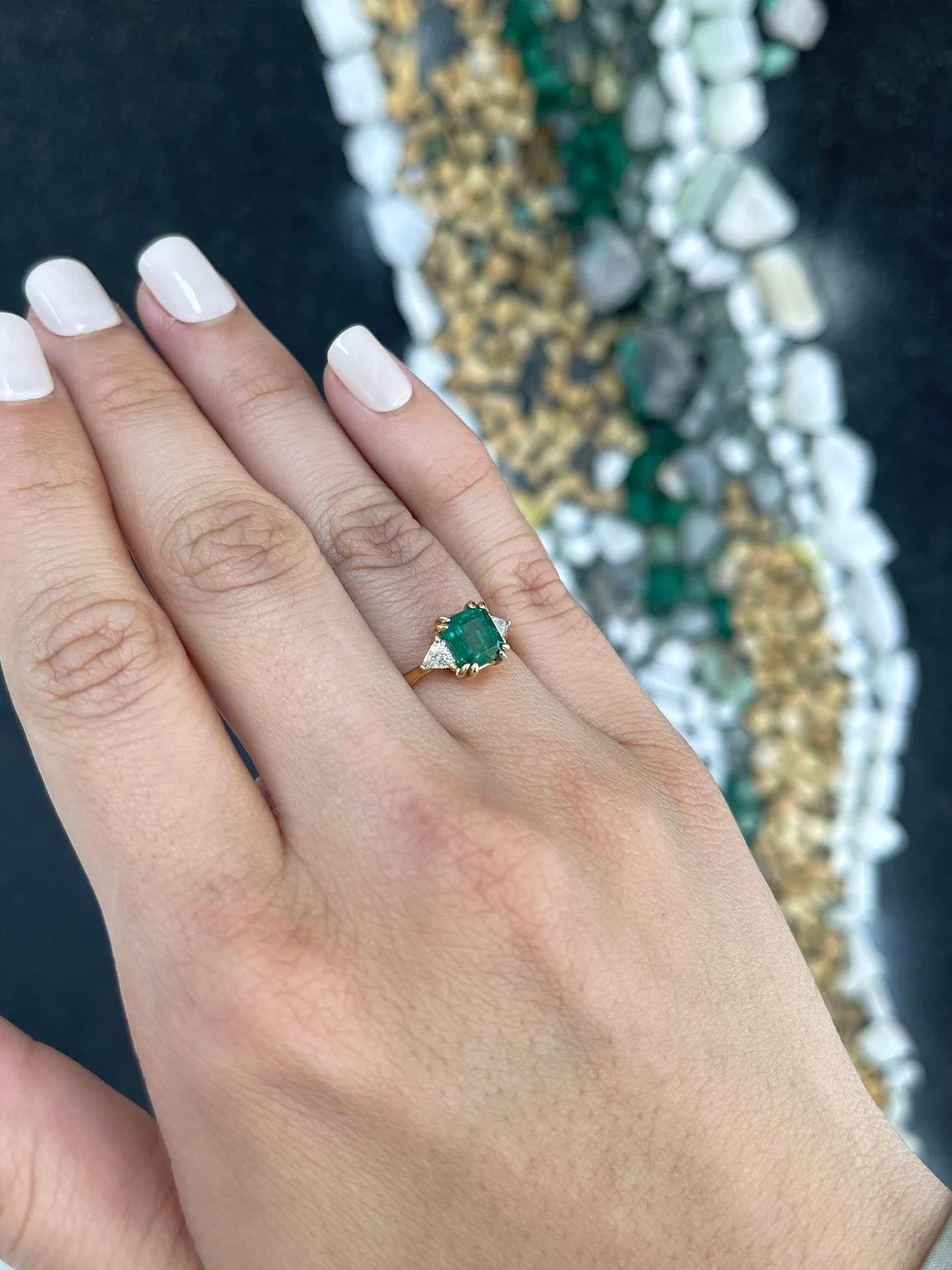 2.38tcw 14K Dark Green Asscher Cut Emerald & Trillion Cut Diamond 3 Stone Ring For Sale 3