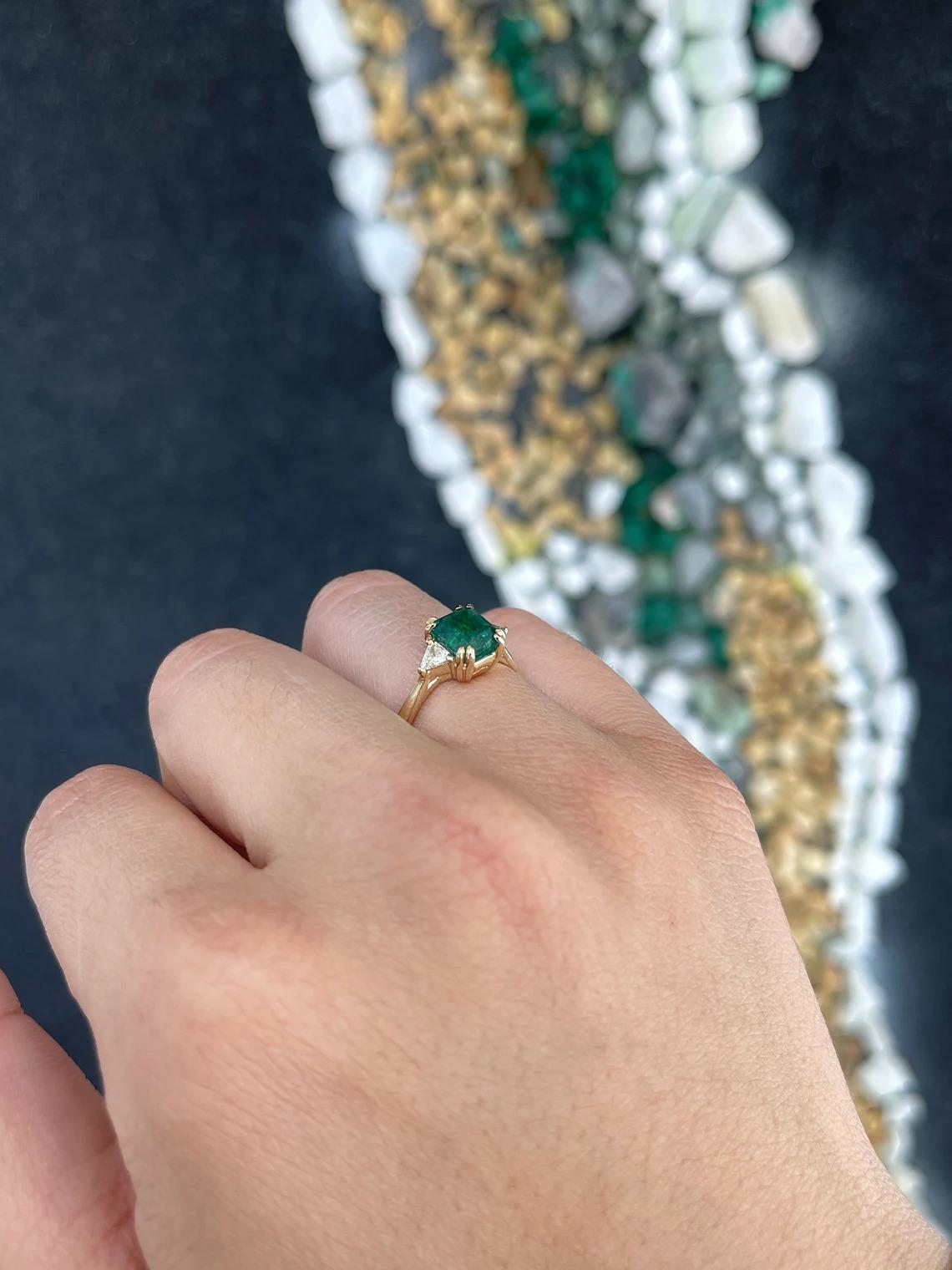 2.38tcw 14K Dark Green Asscher Cut Emerald & Trillion Cut Diamond 3 Stone Ring For Sale 4