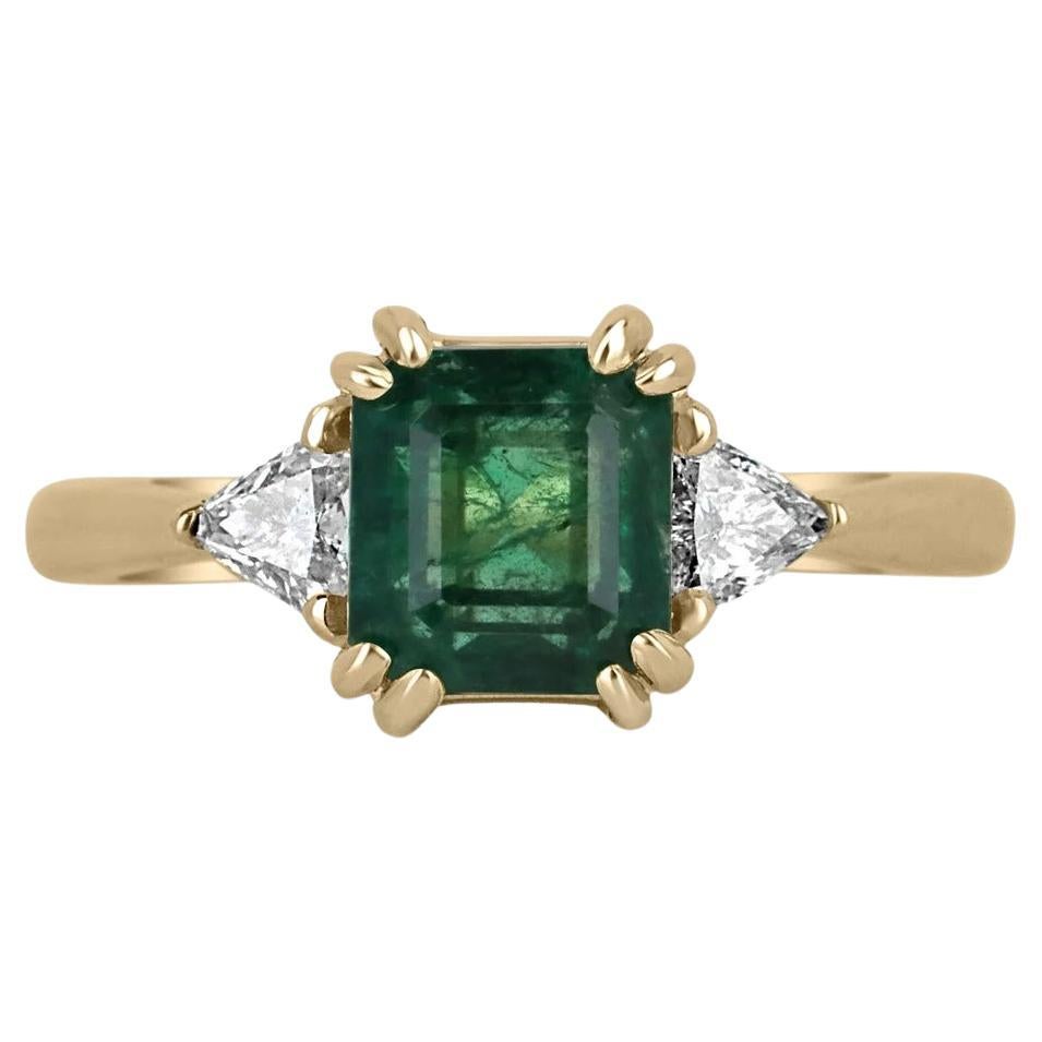 2.38tcw 14K Dark Green Asscher Cut Emerald & Trillion Cut Diamond 3 Stone Ring For Sale