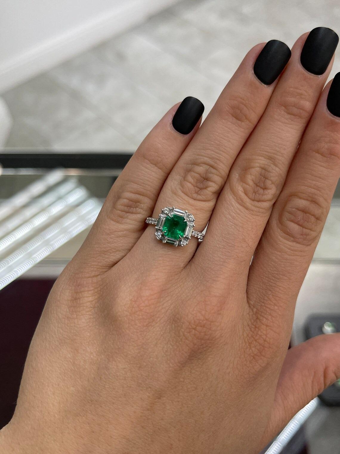 Modern 2.38tcw Plat AAA+ Colombian Emerald-Asscher Cut & Diamond Round & Baguette Ring