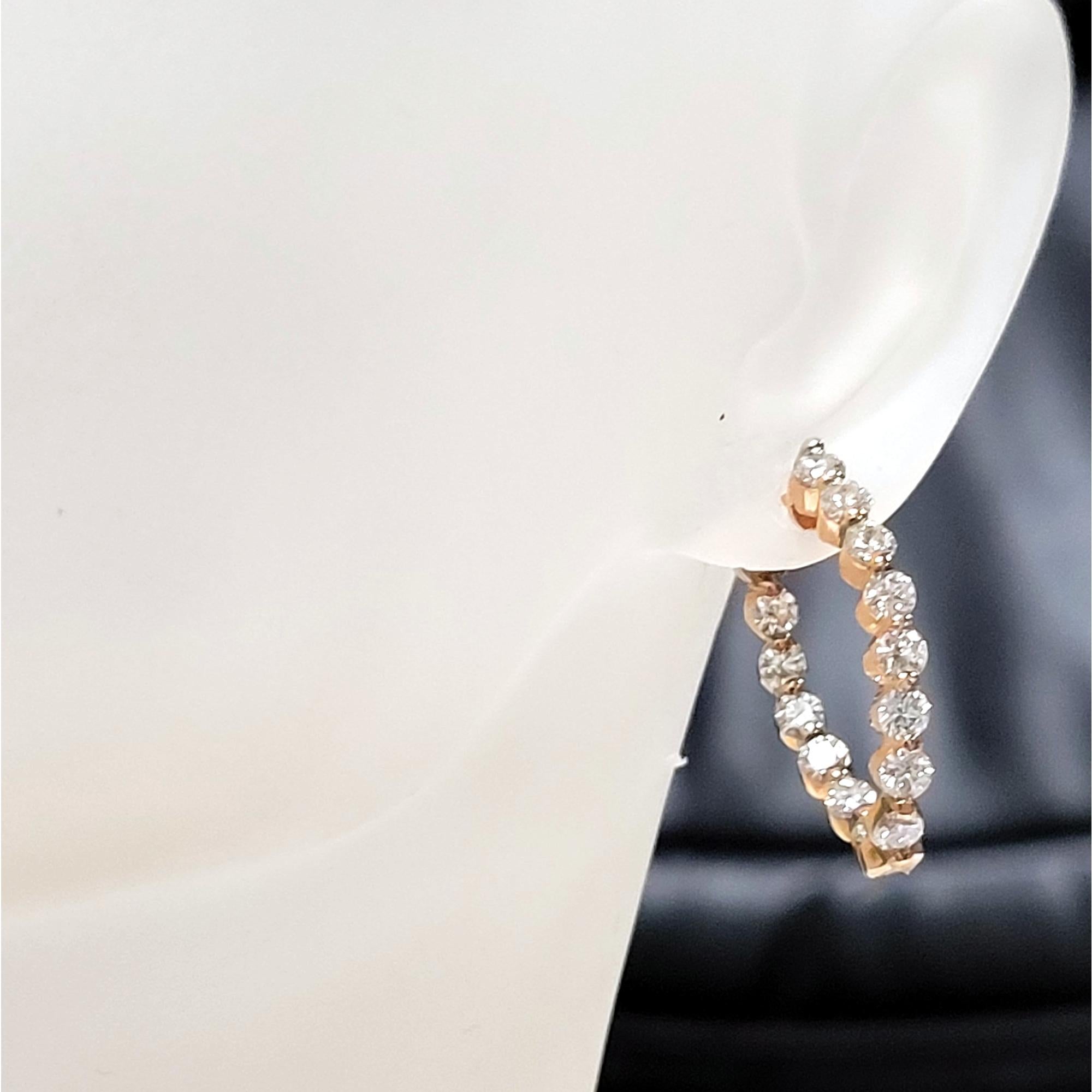 2.39 Carat 14 Karat Gold Shared Prong Set Inside/Outside Oval Hoop Earrings For Sale 1