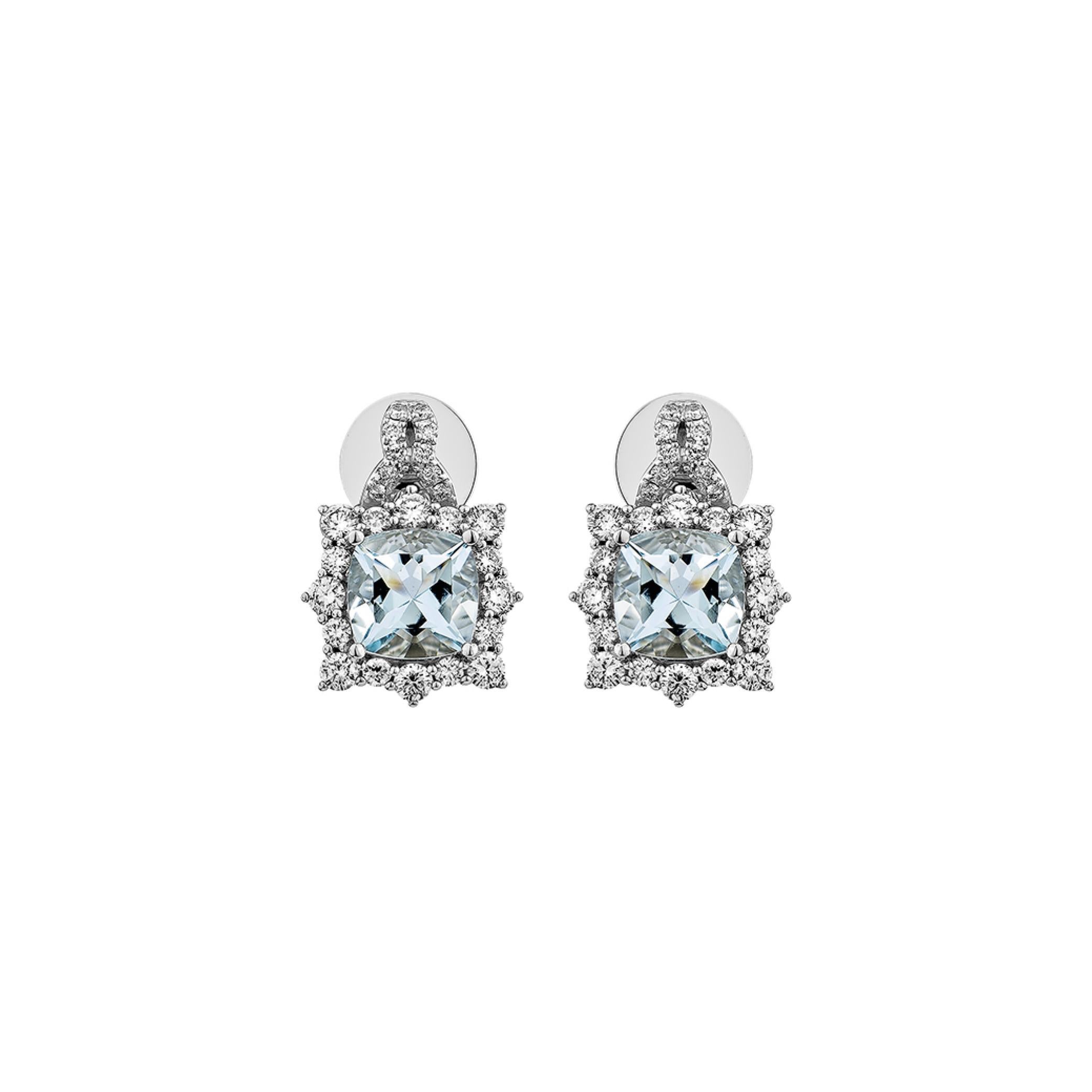 Contemporary 2.39 Carat Aquamarine Stud Earrings in 18Karat White Gold with White Diamond. For Sale