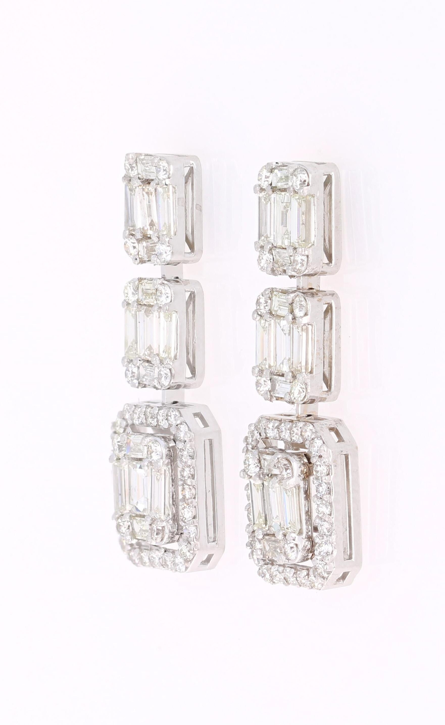 Contemporary 2.39 Carat Baguette Cut Round Cut Diamond Drop Earrings 18 Karat White Gold