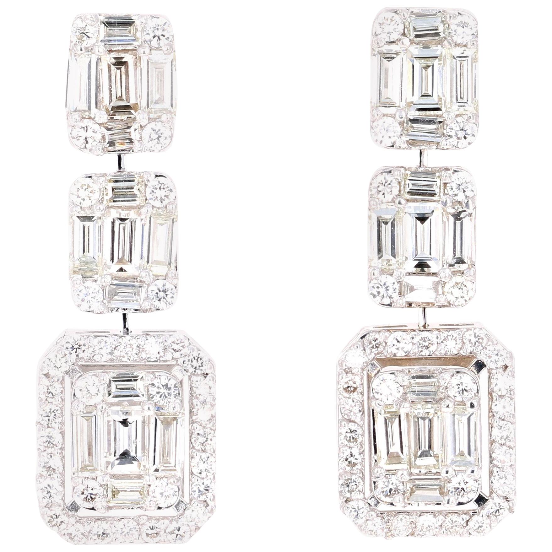 2.39 Carat Baguette Cut Round Cut Diamond Drop Earrings 18 Karat White Gold For Sale