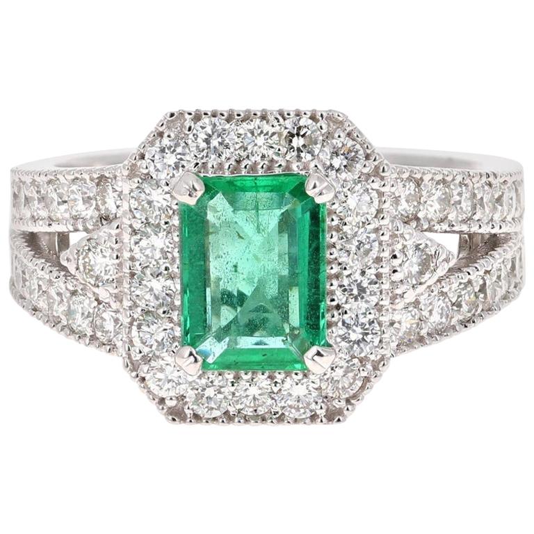 2.39 Carat Emerald Diamond 18 Karat White Gold Art Deco Style Ring For Sale