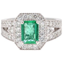 2.39 Carat Emerald Diamond 18 Karat White Gold Art Deco Style Ring
