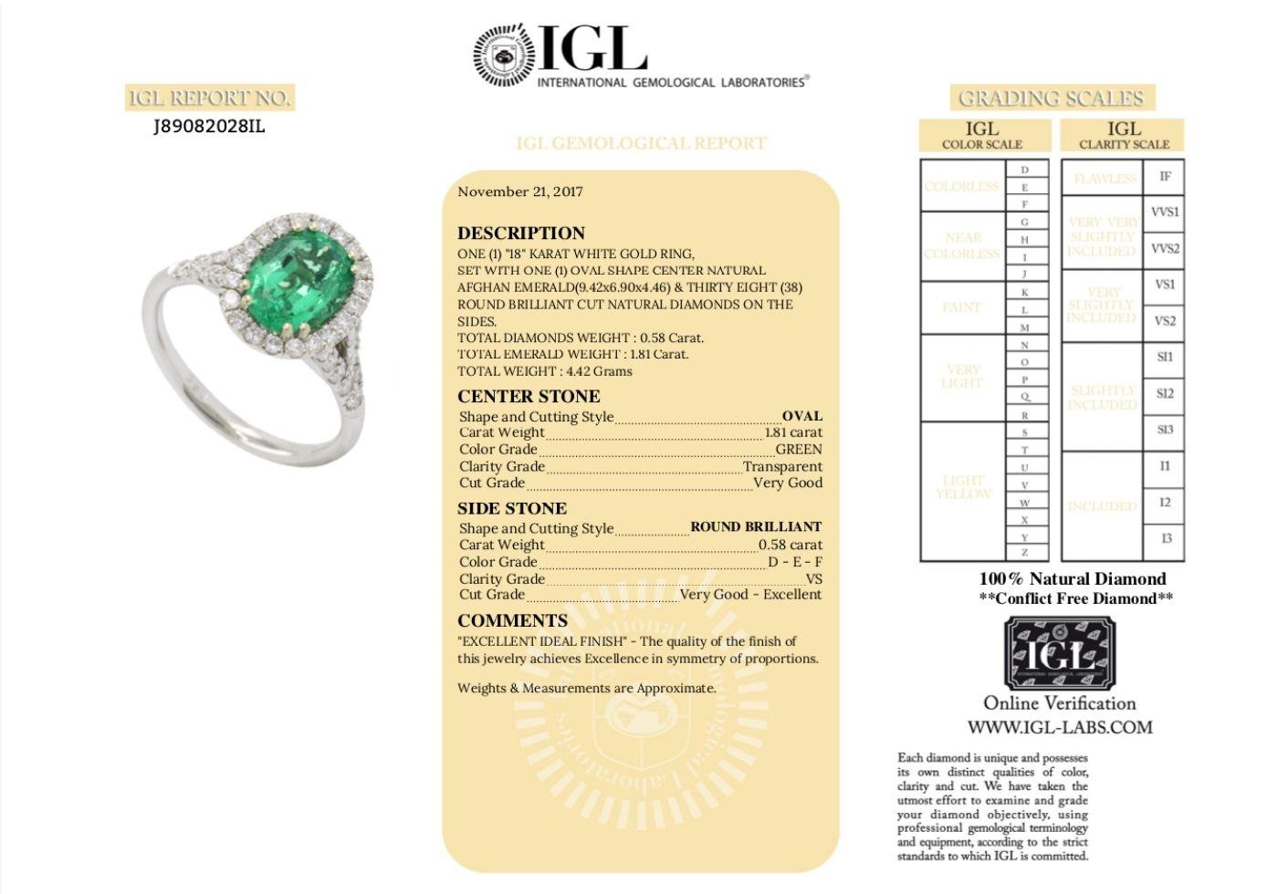 2.39 Carat 100% Natural Afghan Emerald Oval Cut and Diamonds Ring in White Gold For Sale 4