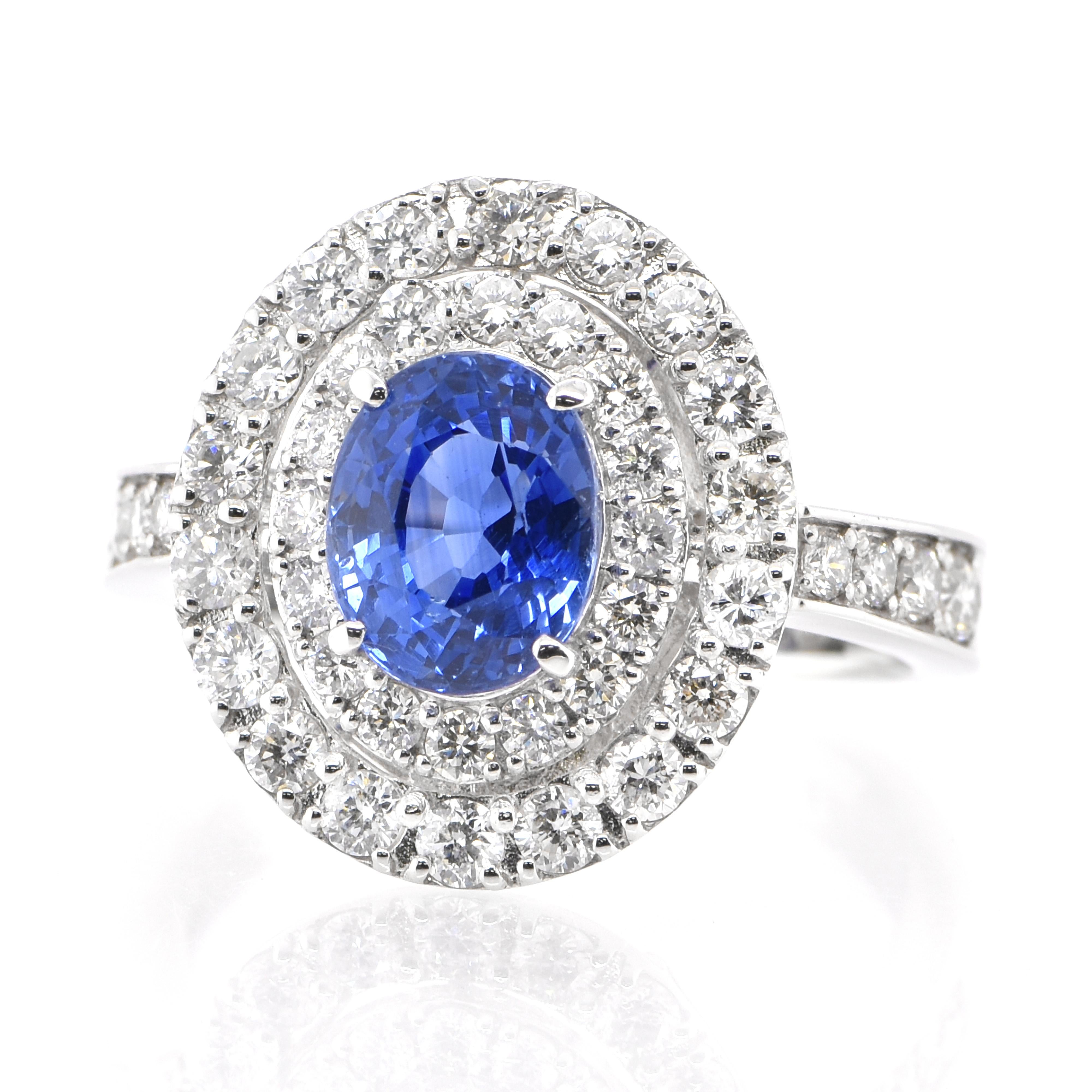 A beautiful ring featuring 2.39 Carat, Natural Sapphire and 1.01 carats Diamond Accents set in Platinum. Sapphires have extraordinary durability - they excel in hardness as well as toughness and durability making them very popular in jewelry.