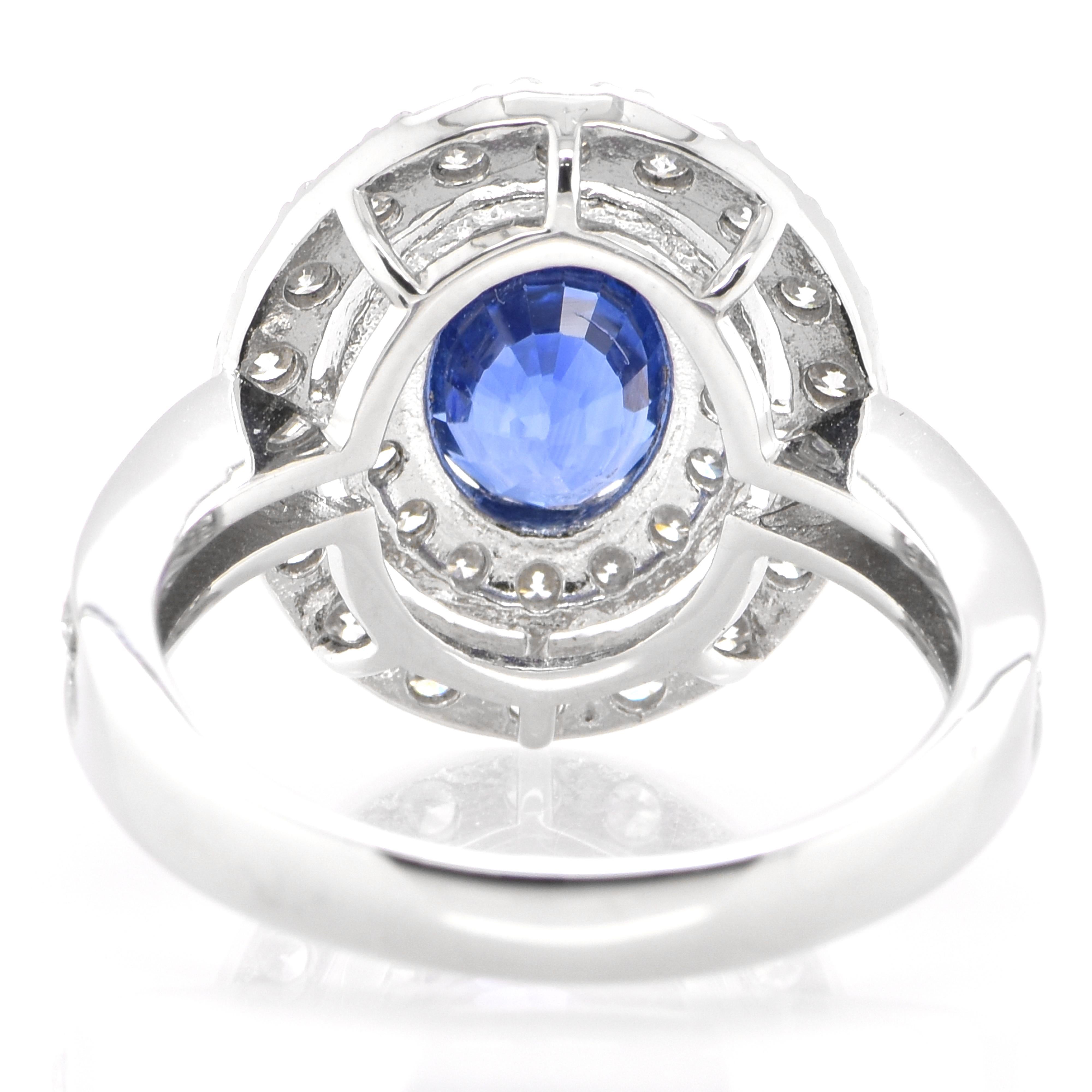 Women's 2.39 Carat Natural Blue Sapphire and Diamond Double Halo Ring Made in Platinum