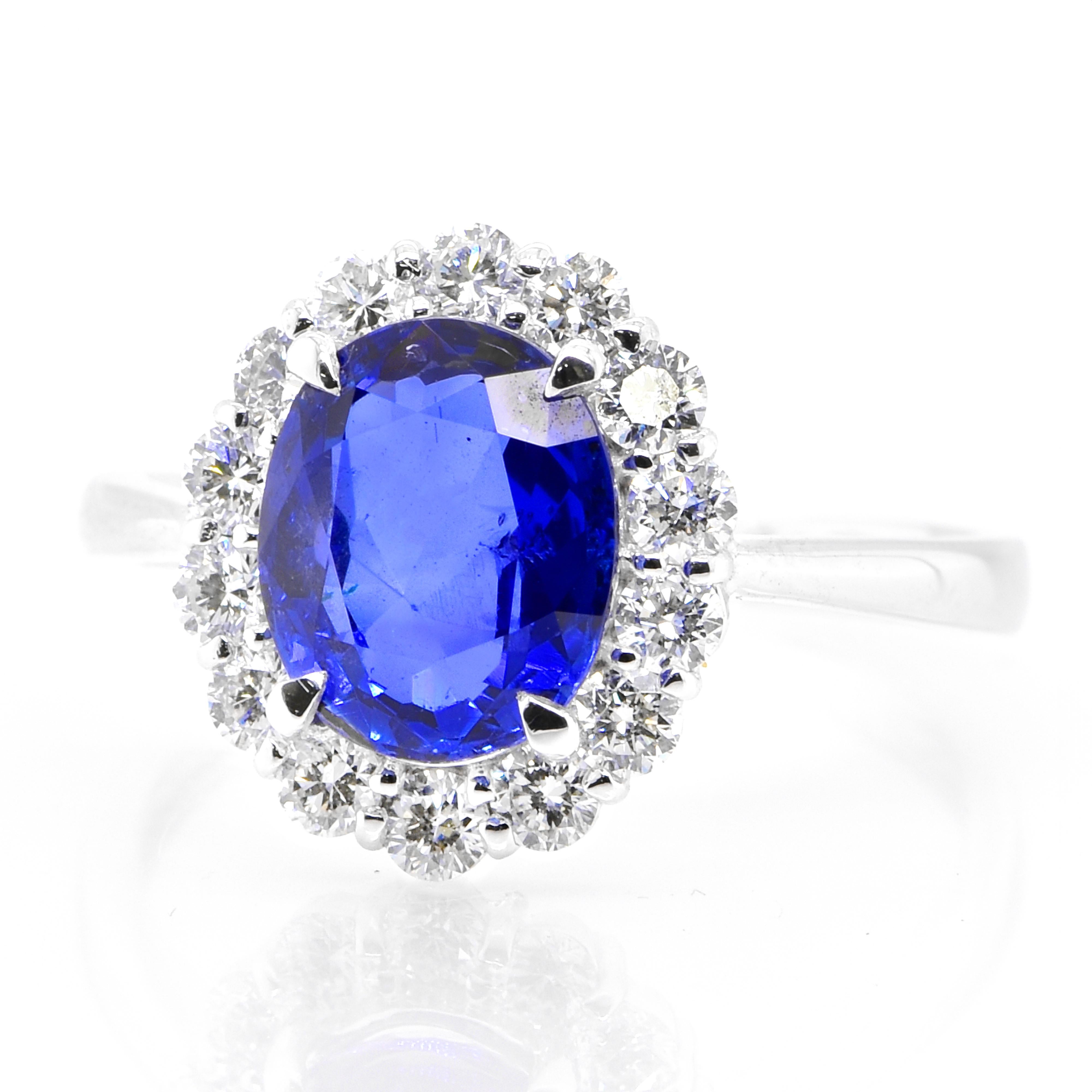 A beautiful ring featuring 2.393 Carat Natural Sapphire and 0.56 Carats Diamond Accents set in Platinum. Sapphires have extraordinary durability - they excel in hardness as well as toughness and durability making them very popular in jewelry.