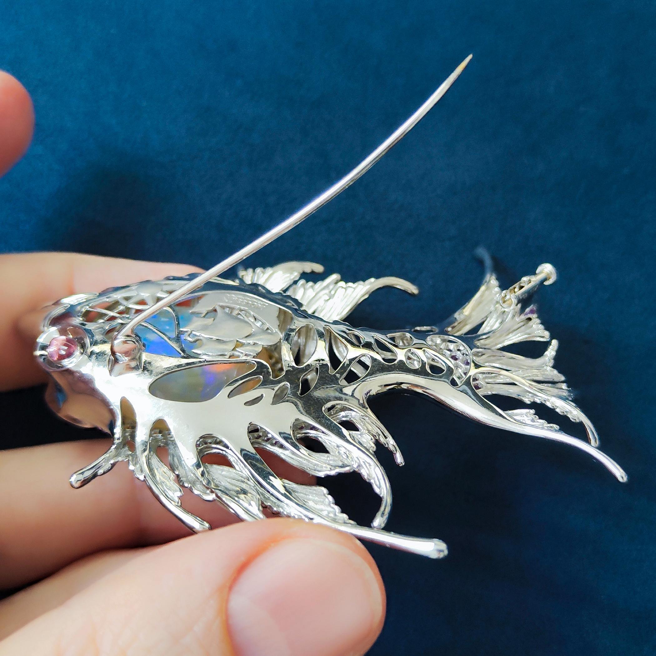 Opal 23.90 Carat, Pink Yellow Sapphire, Diamonds 18 Karat White Gold Fish Brooch 4