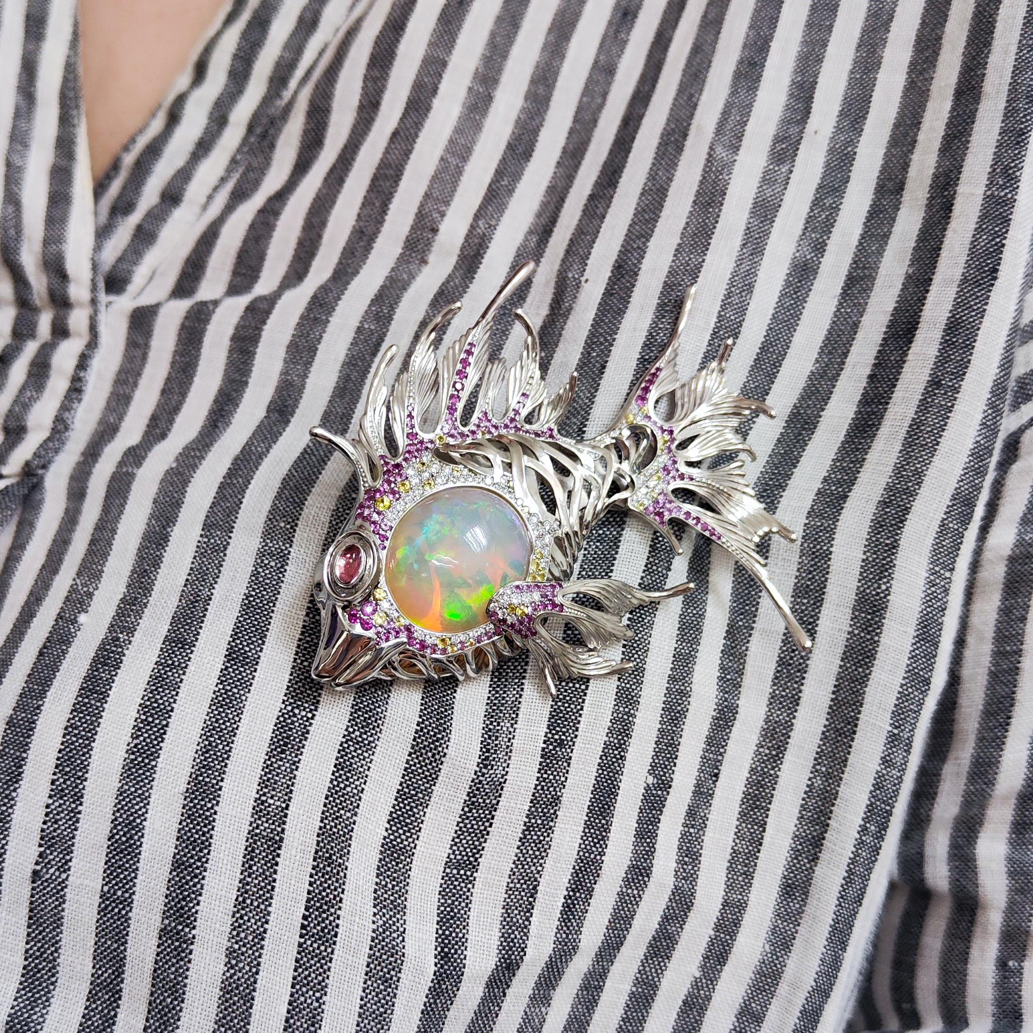 Opal 23.90 Carat, Pink Yellow Sapphire, Diamonds 18 Karat White Gold Fish Brooch 5