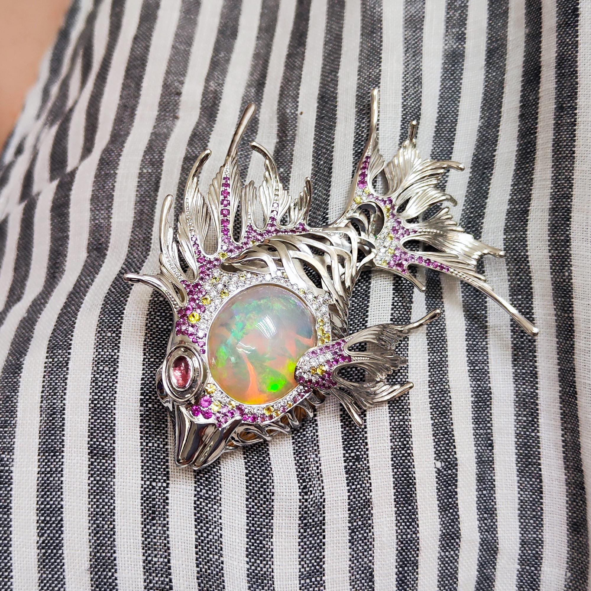 Opal 23.90 Carat, Pink Yellow Sapphire, Diamonds 18 Karat White Gold Fish Brooch 6