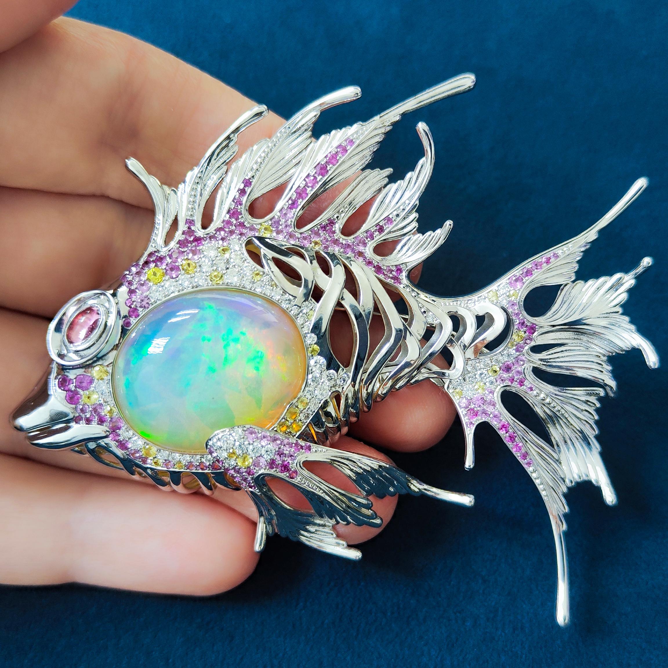 Contemporary Opal 23.90 Carat, Pink Yellow Sapphire, Diamonds 18 Karat White Gold Fish Brooch