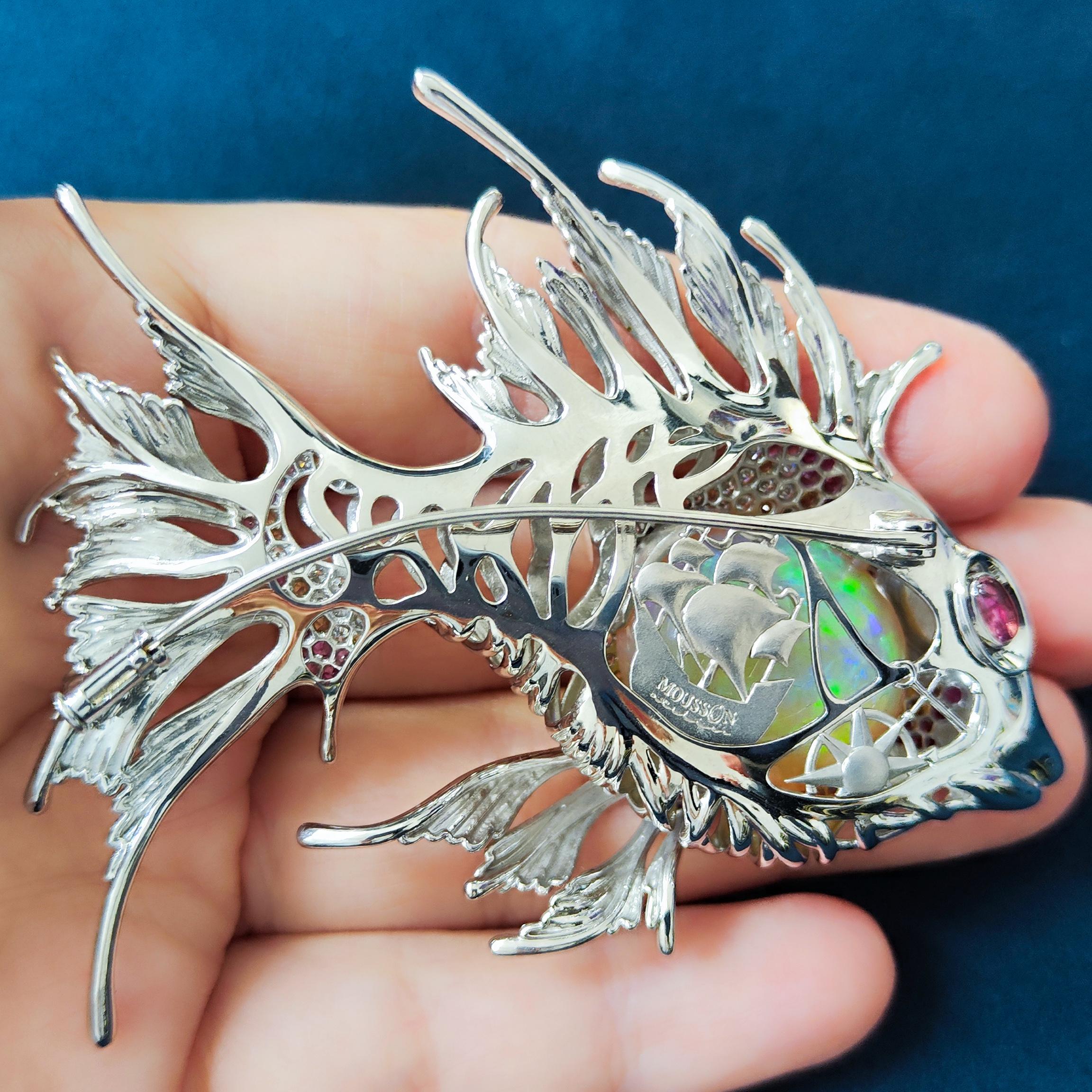 Round Cut Opal 23.90 Carat, Pink Yellow Sapphire, Diamonds 18 Karat White Gold Fish Brooch