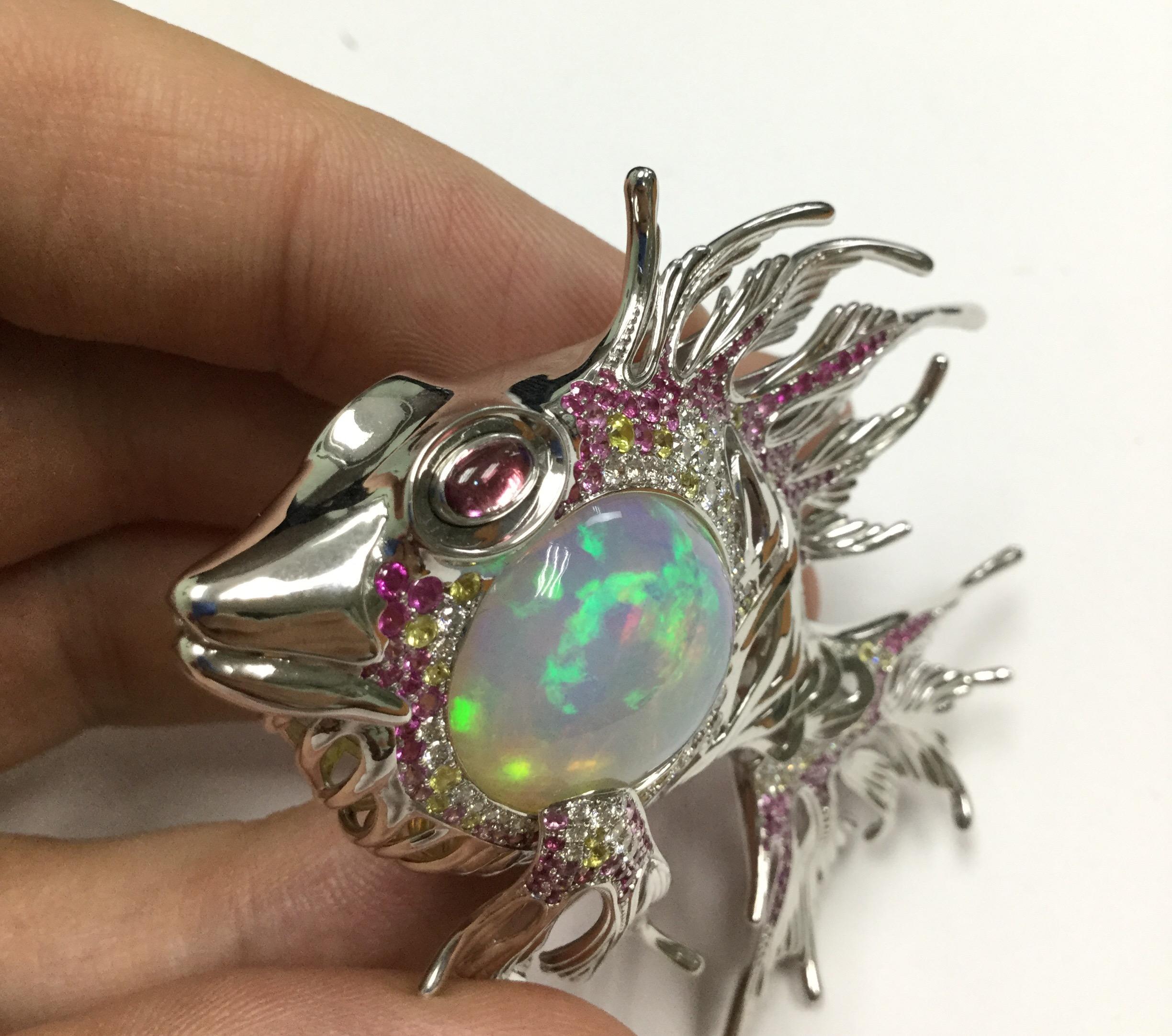 23.9 Carat Opal, Pink Yellow Sapphire, Diamond Fish 18 Karat White Gold Brooch In New Condition For Sale In Bangkok, TH