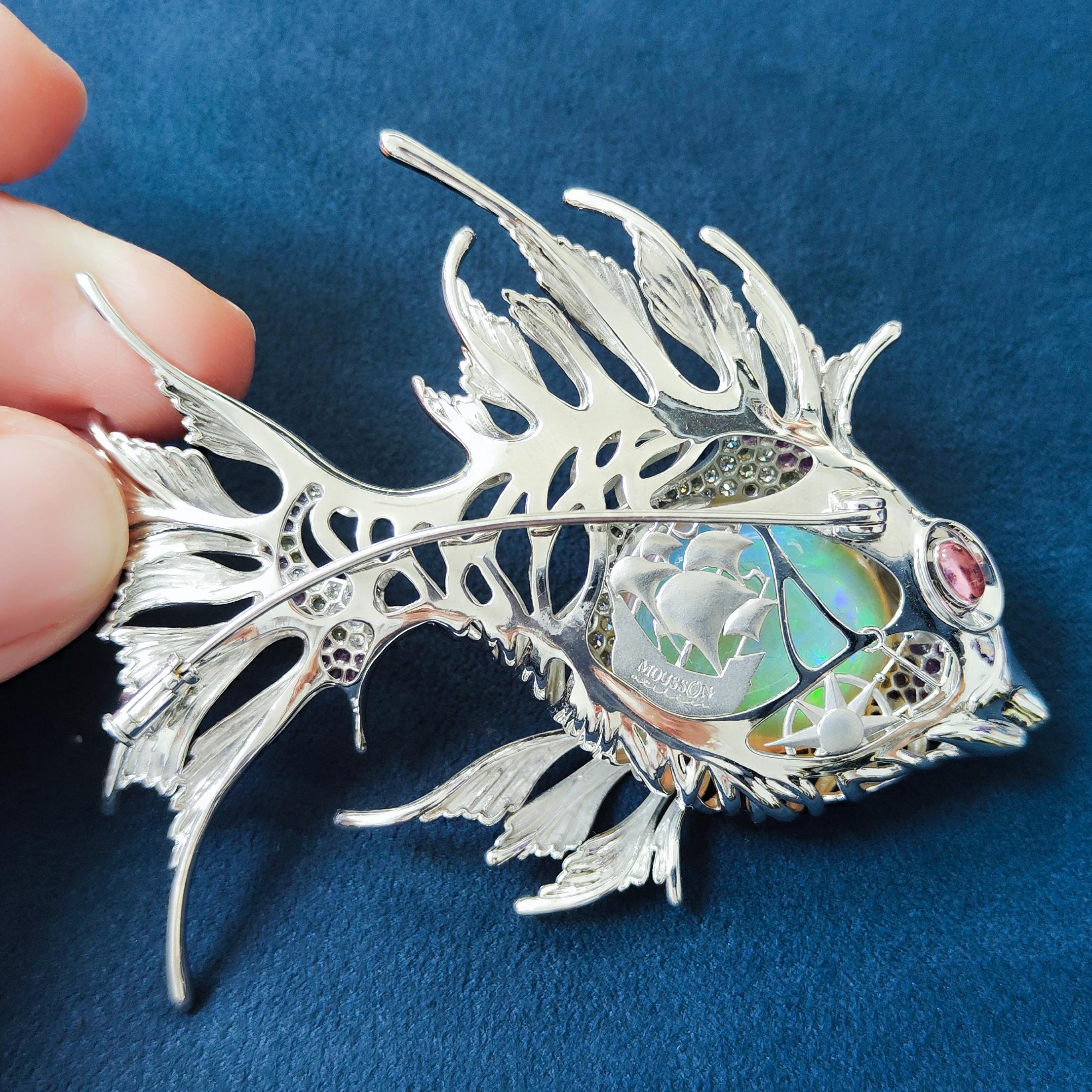 Opal 23.90 Carat, Pink Yellow Sapphire, Diamonds 18 Karat White Gold Fish Brooch In New Condition In Bangkok, TH