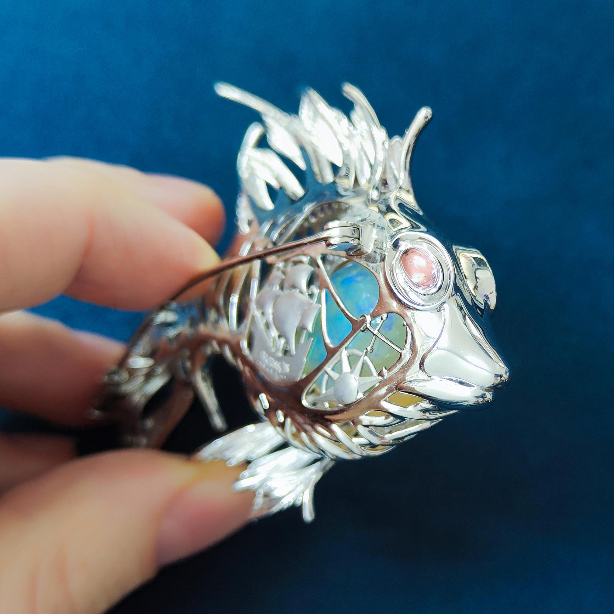 Women's or Men's Opal 23.90 Carat, Pink Yellow Sapphire, Diamonds 18 Karat White Gold Fish Brooch