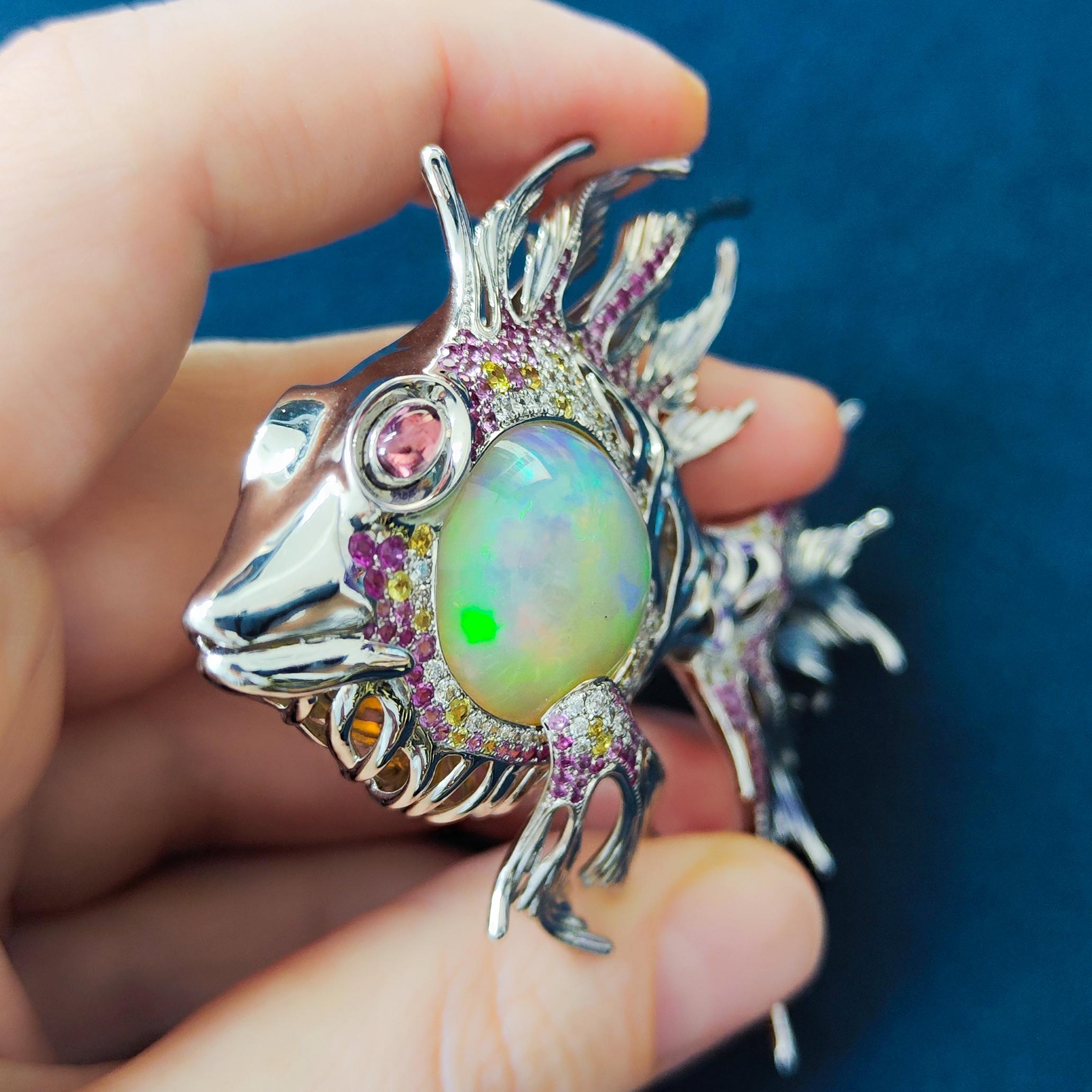 Opal 23.90 Carat, Pink Yellow Sapphire, Diamonds 18 Karat White Gold Fish Brooch 1