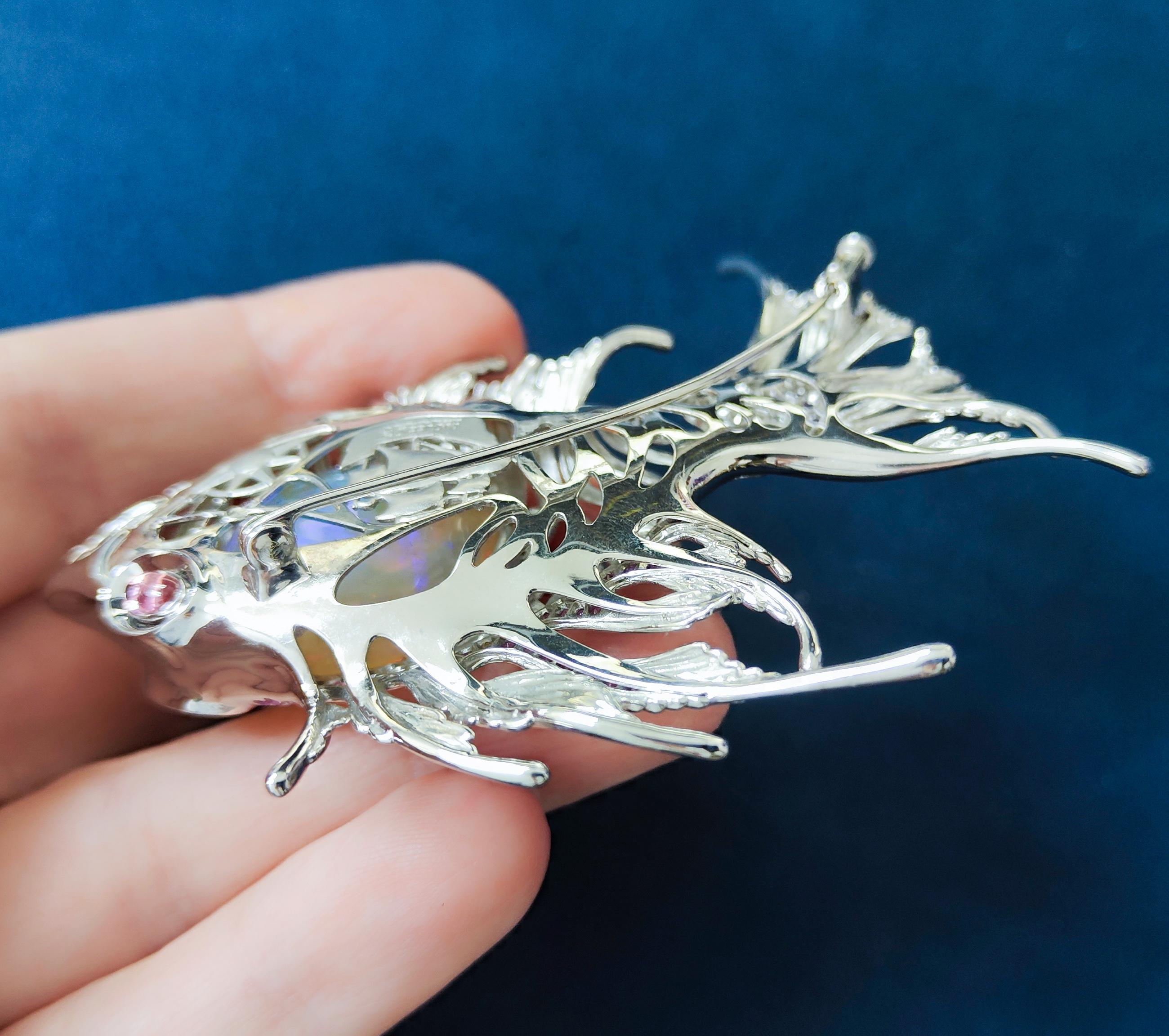 Opal 23.90 Carat, Pink Yellow Sapphire, Diamonds 18 Karat White Gold Fish Brooch 2