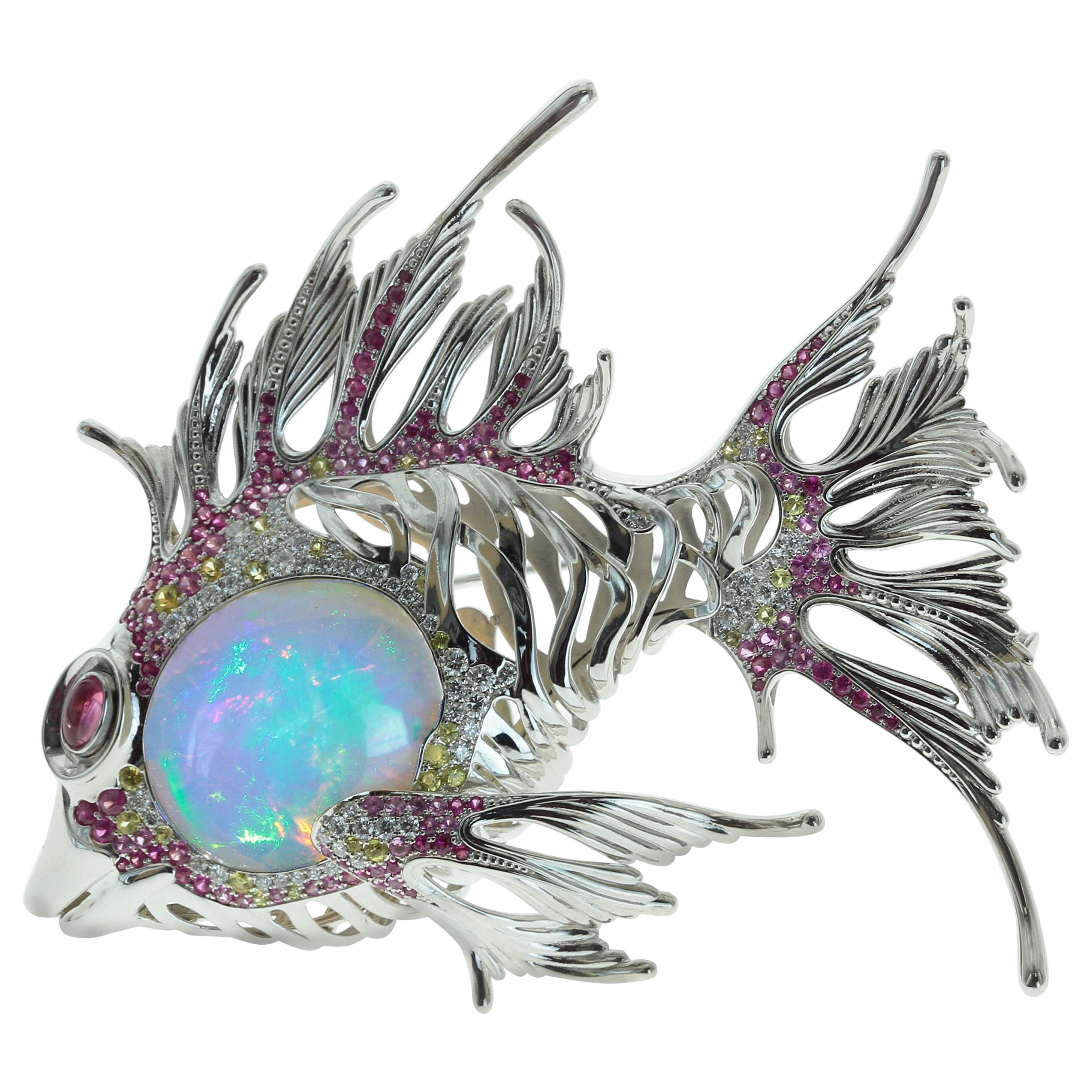 23.9 Carat Opal, Pink Yellow Sapphire, Diamond Fish 18 Karat White Gold Brooch For Sale