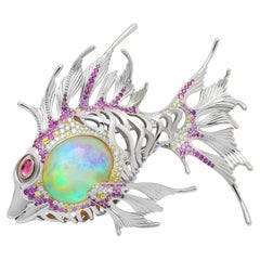 Opal 23.90 Carat, Pink Yellow Sapphire, Diamonds 18 Karat White Gold Fish Brooch