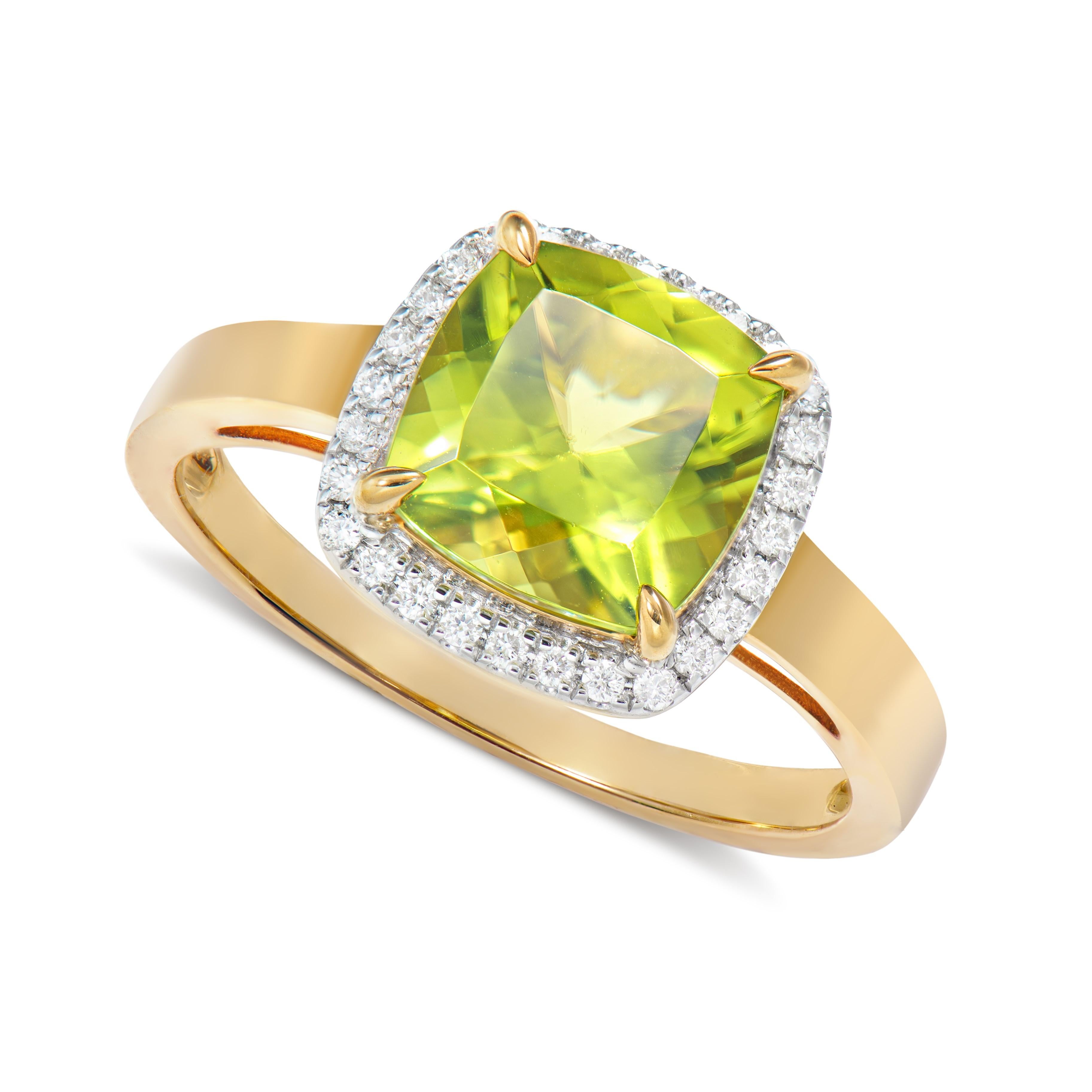Contemporary 2.39 Carat Peridot Fancy Ring in 18Karat Yellow Gold with White Diamond.   For Sale