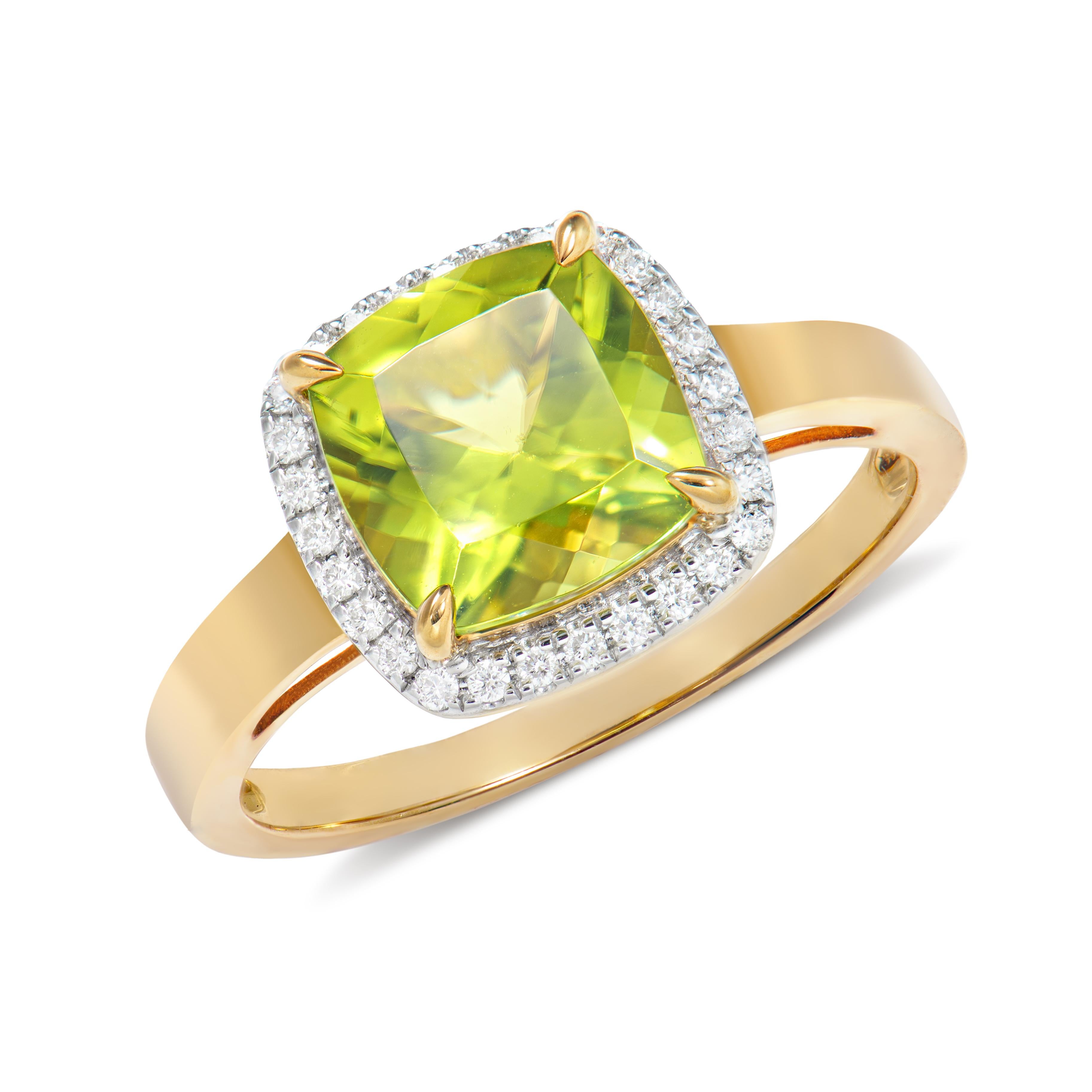 Cushion Cut 2.39 Carat Peridot Fancy Ring in 18Karat Yellow Gold with White Diamond.   For Sale