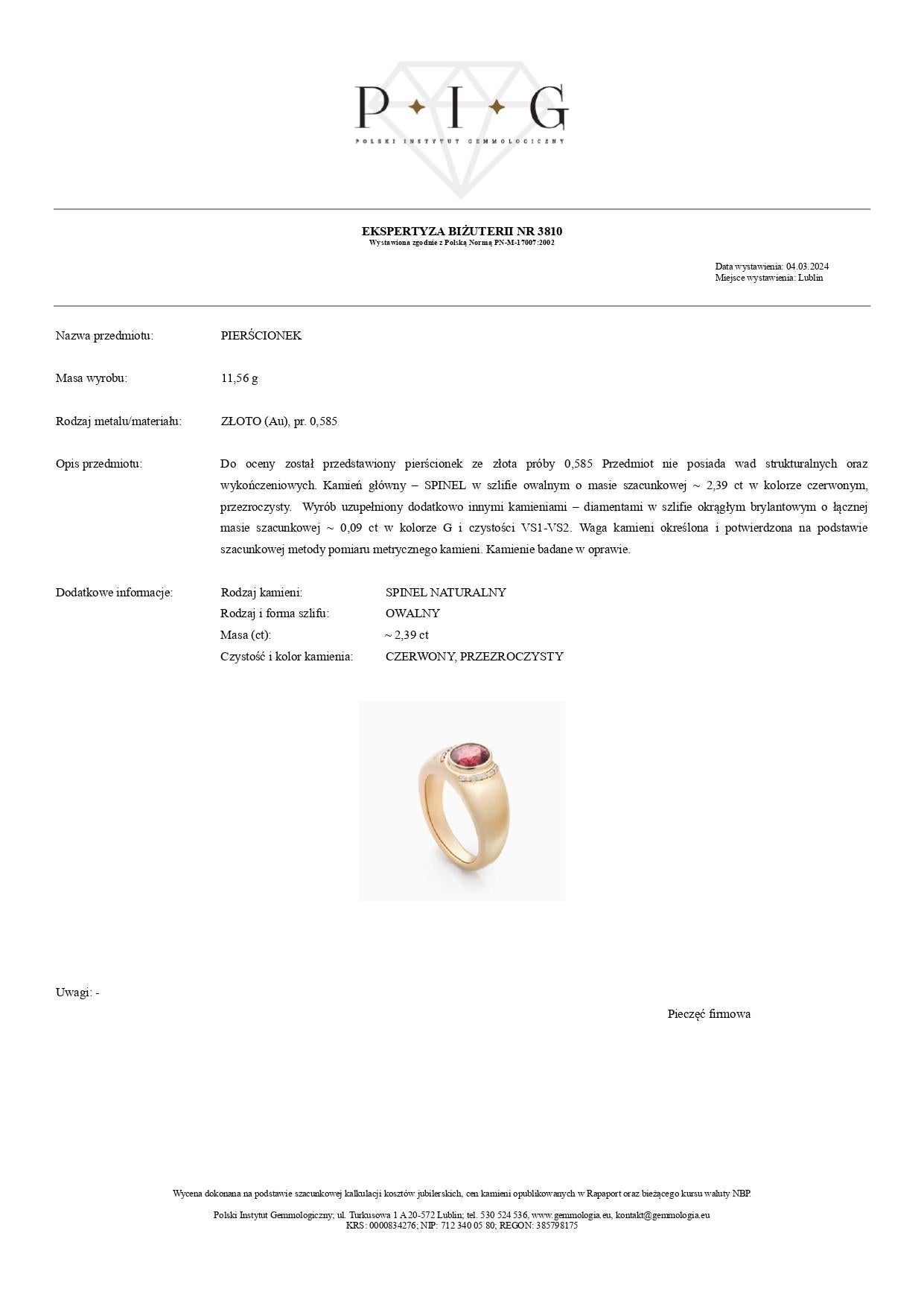 Anello con spinello rosso da 2,39 carati e diamante da 0,09 carati in oro giallo 14K In condizioni Nuovo in vendita a Warszawa, PL