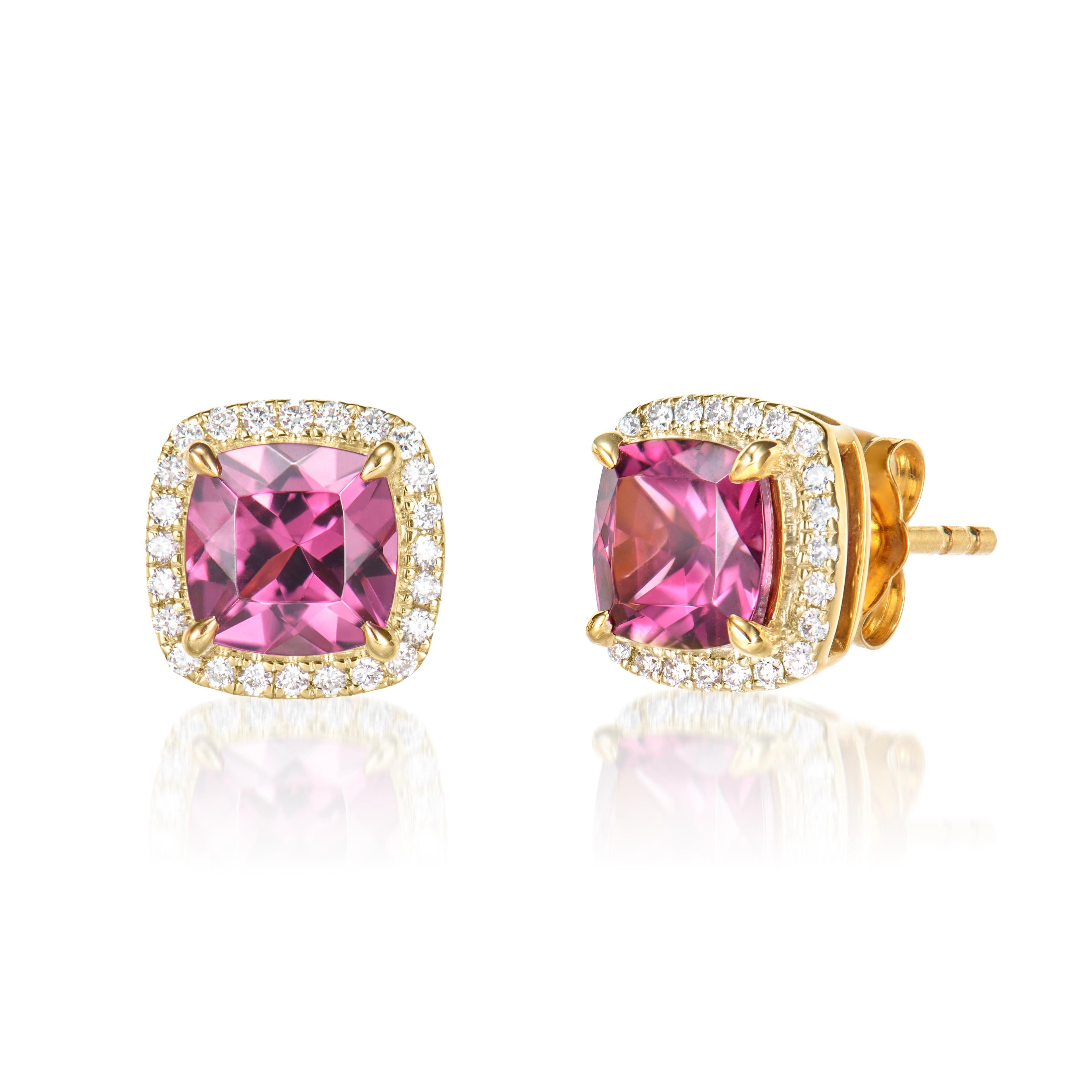 Cushion Cut 2.39 Carat Rhodolite Stud Earrings in 18Karat Yellow Gold with White Diamond. For Sale