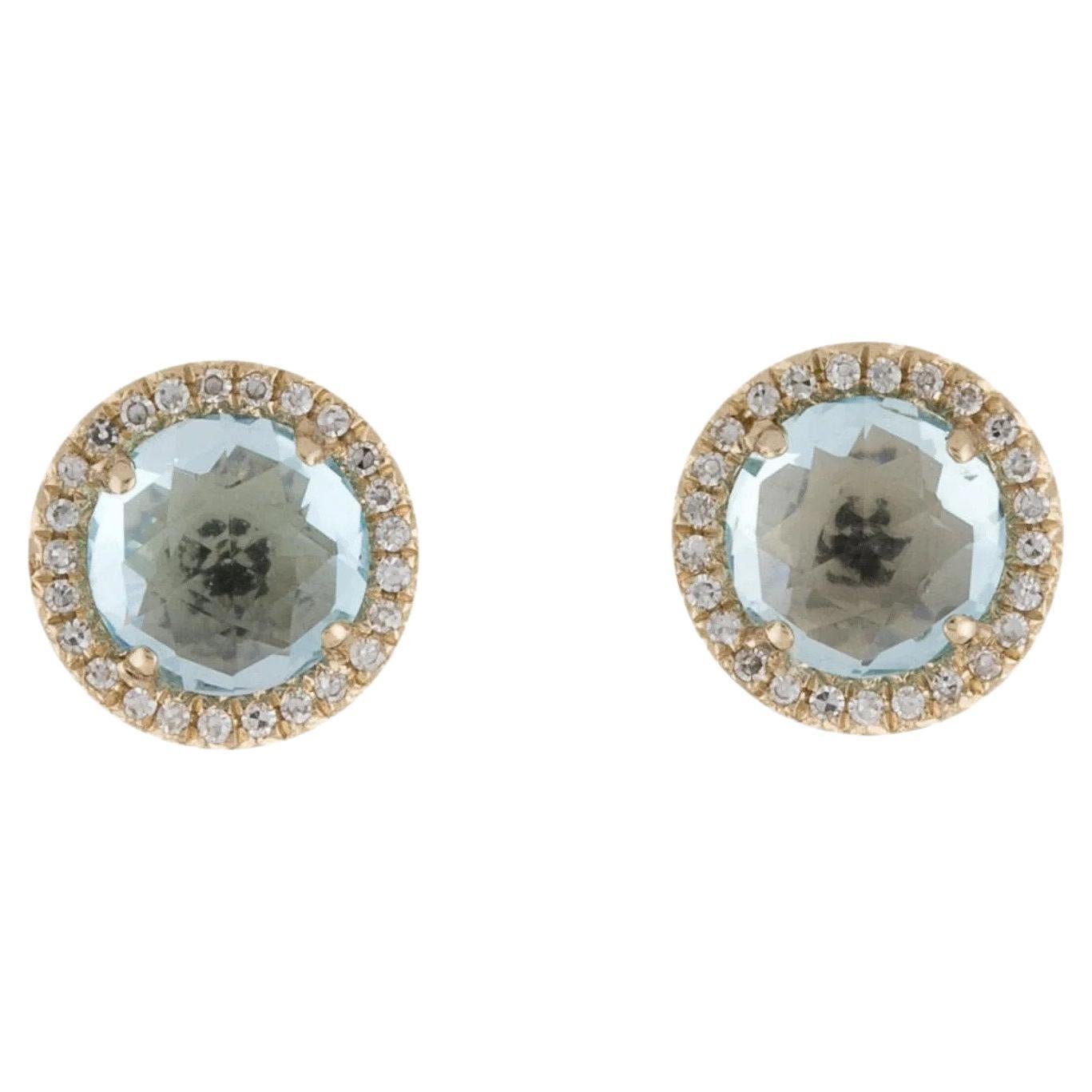 2.39 Carat Round Blue Topaz & Diamond Yellow Gold Stud Earrings For Sale