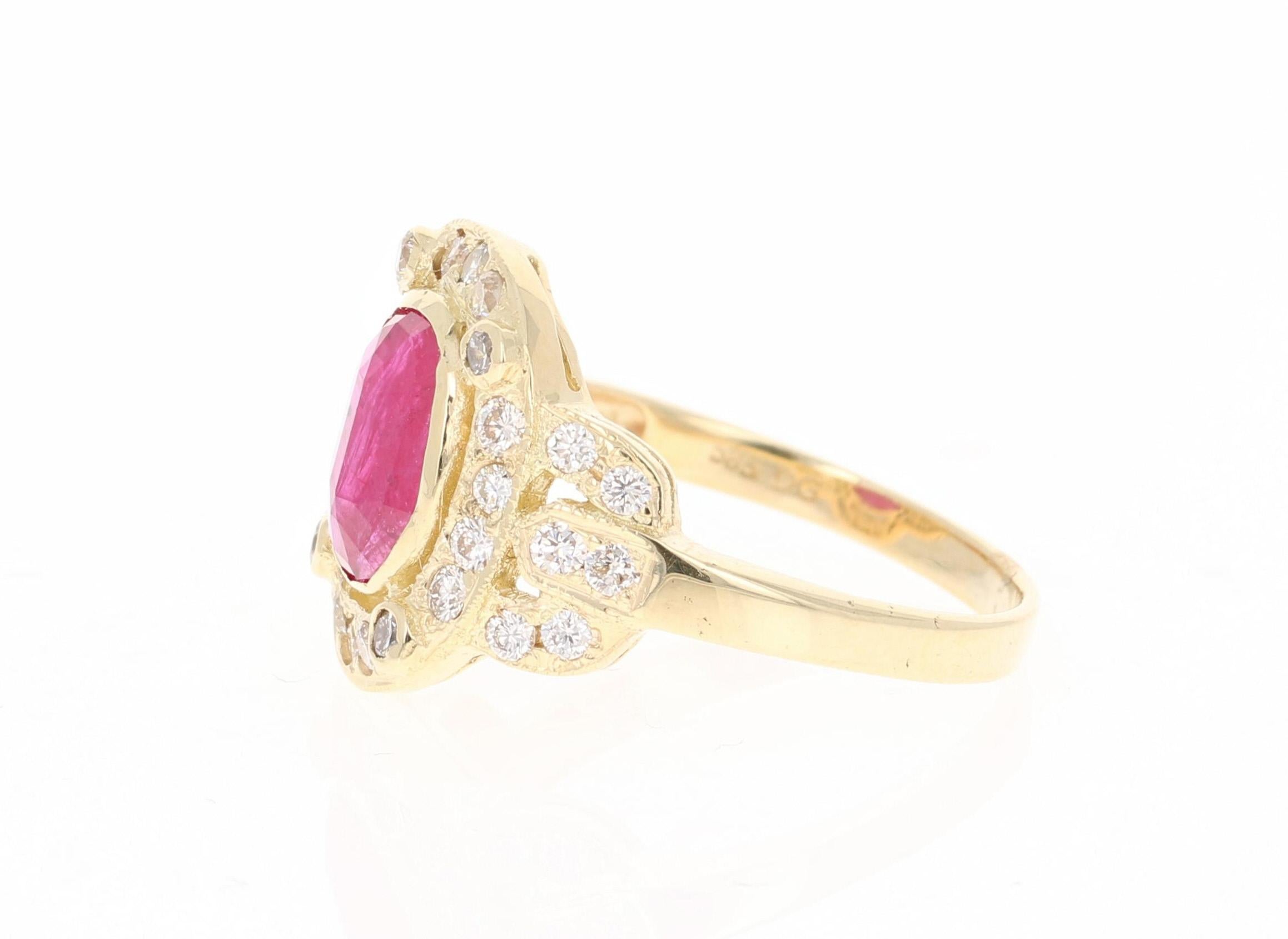 Modern 2.39 Carat Ruby Diamond 14 Karat Yellow Gold Ring