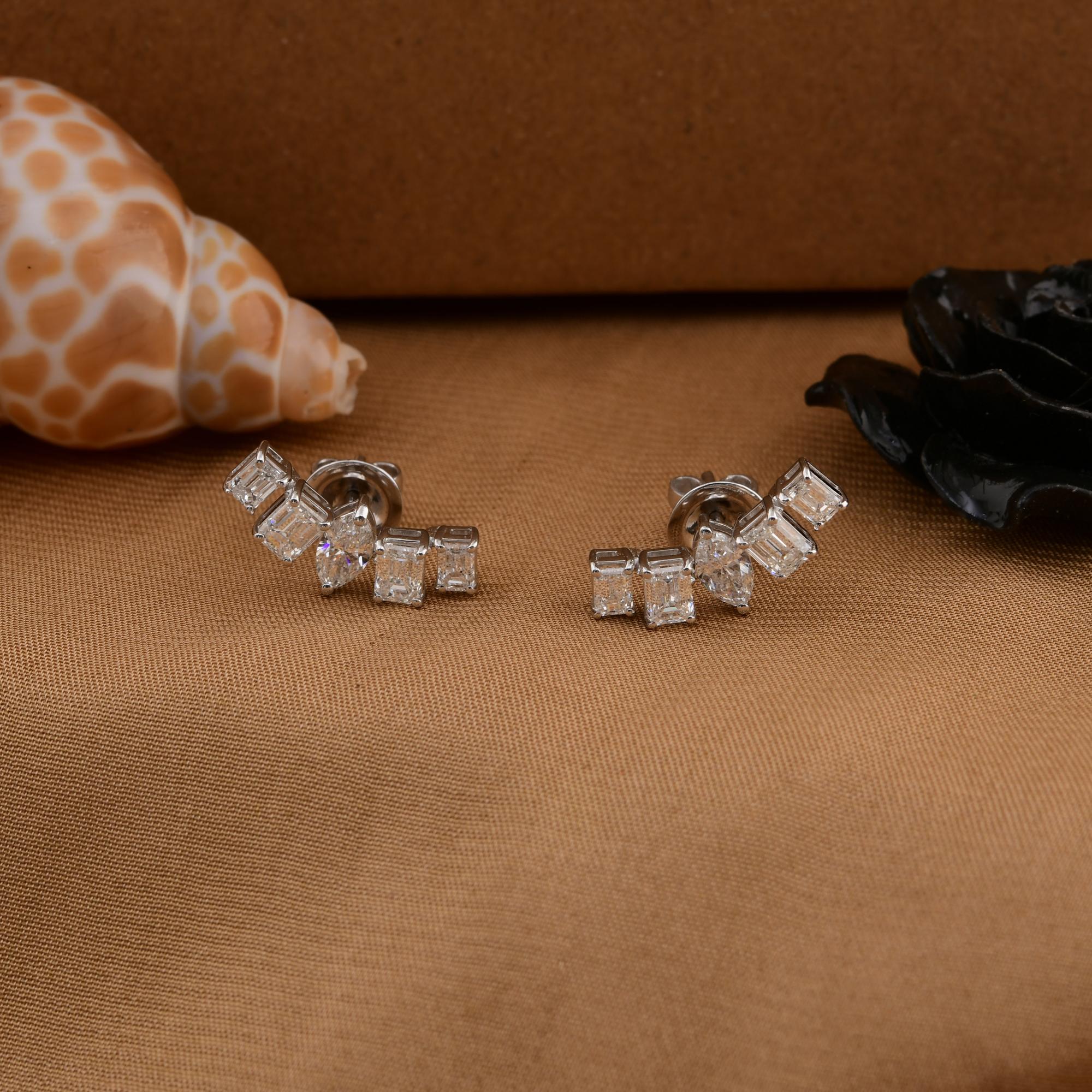 Modern 2.39 Carat SI/H Marquise Emerald Cut Diamond Curve Earrings 18 Karat White Gold For Sale